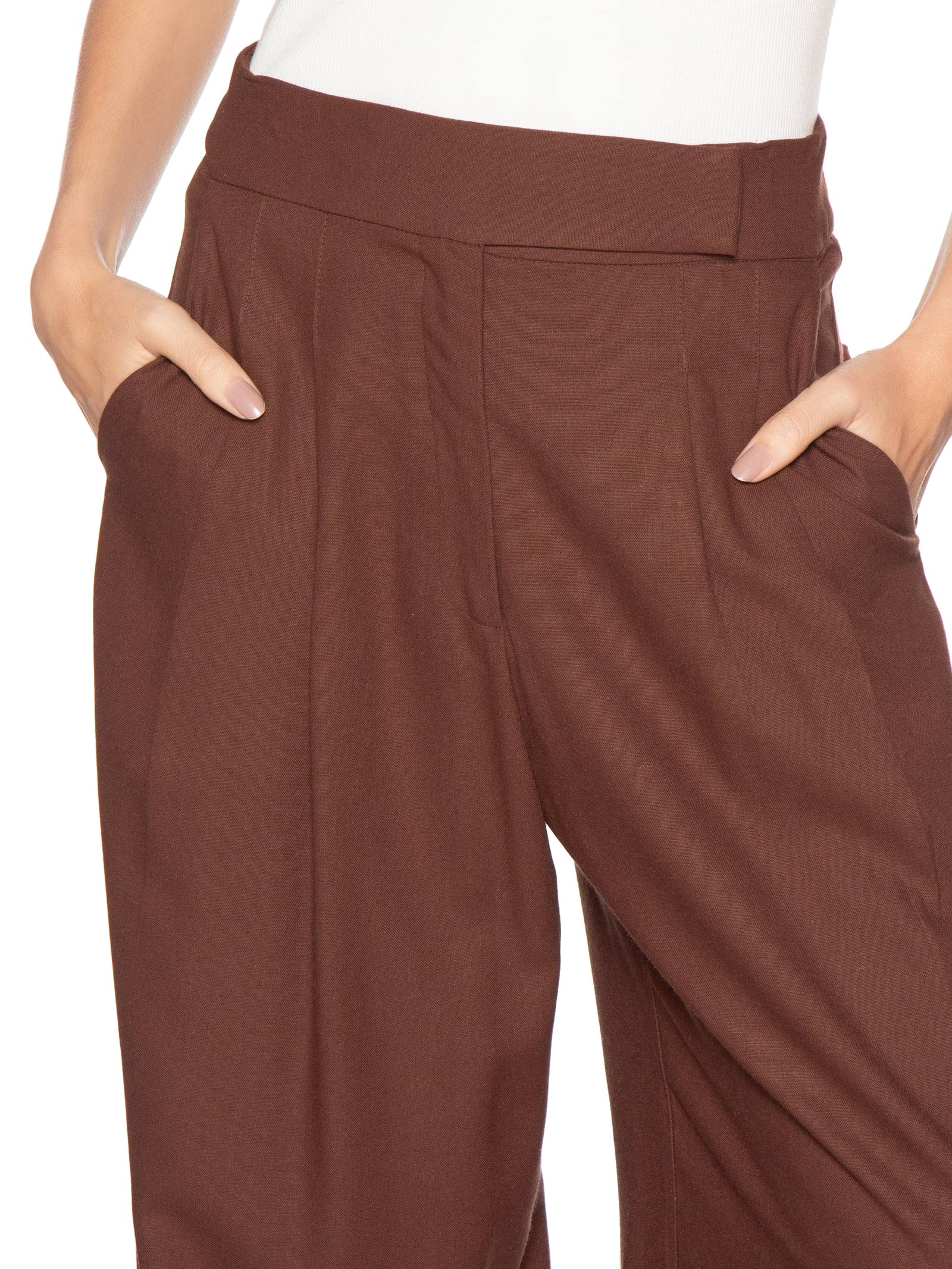 Calça Feminina Linho Pregas Marrom Dress To