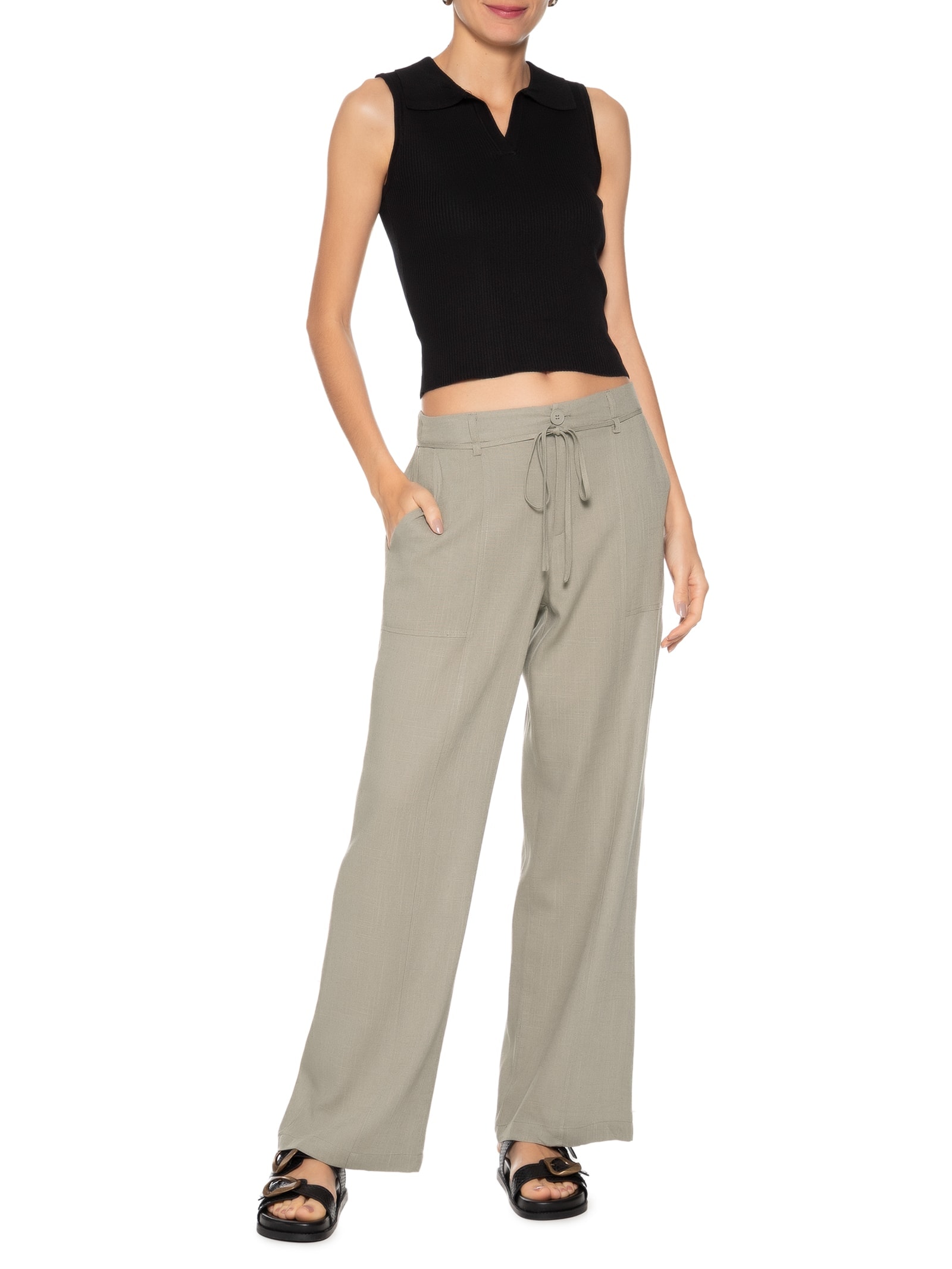 Calça Feminina Linho Reta Com Amarração Cinza Basiq