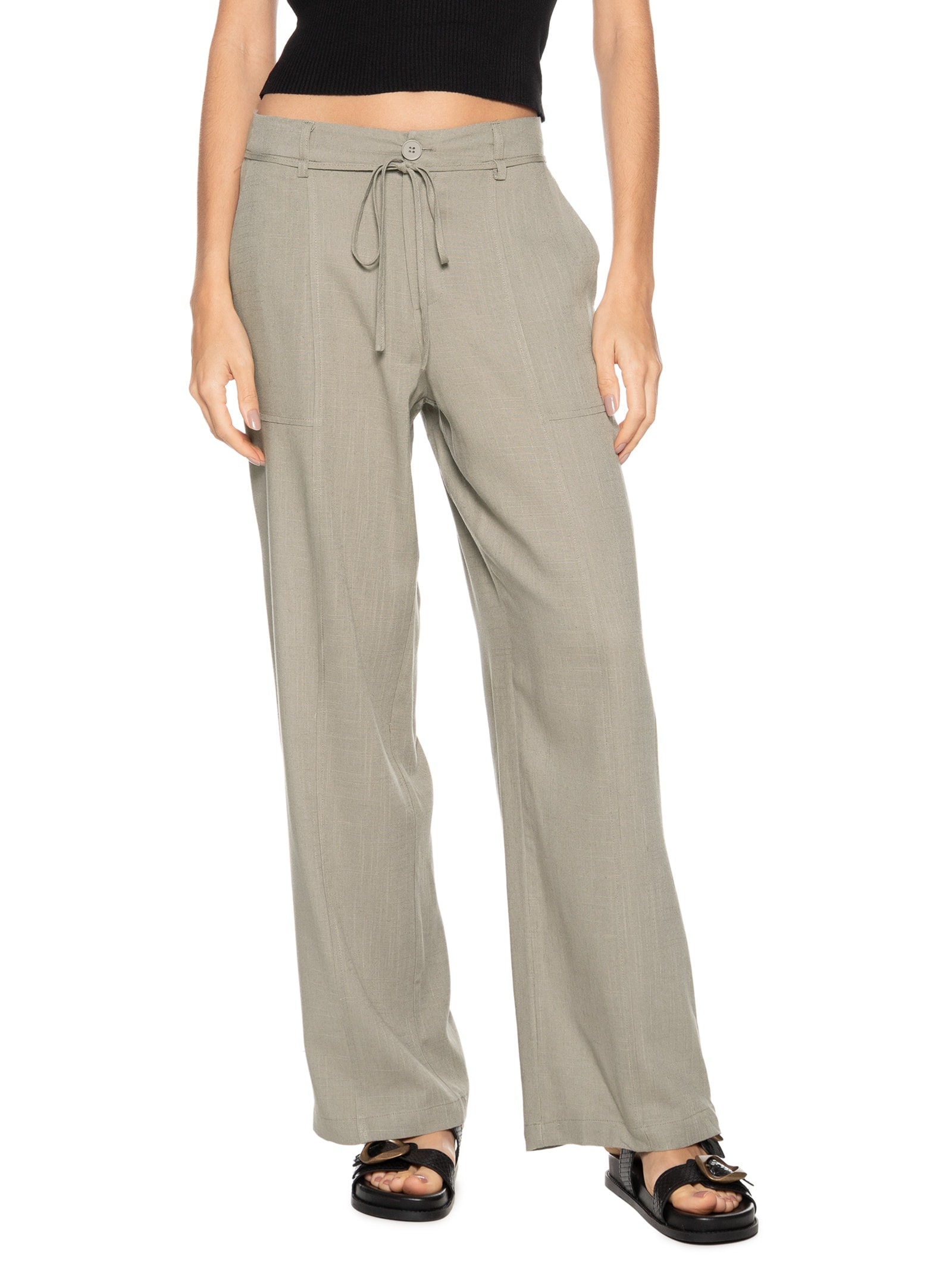 Calça Feminina Linho Reta Com Amarração Cinza Basiq