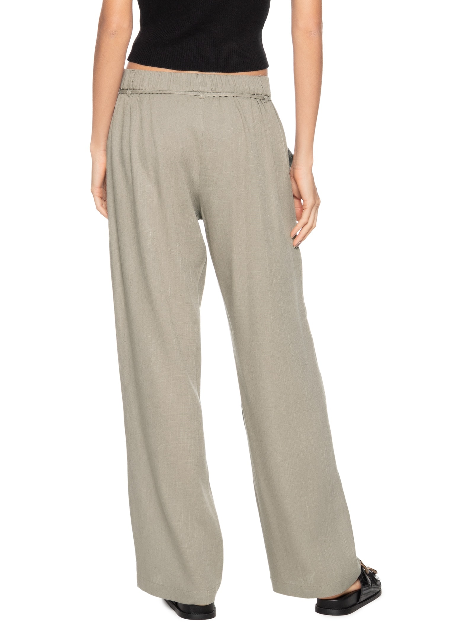 Calça Feminina Linho Reta Com Amarração Cinza Basiq