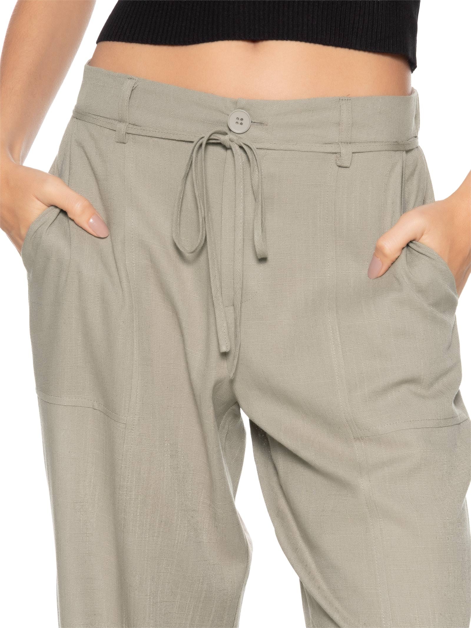 Calça Feminina Linho Reta Com Amarração Cinza Basiq