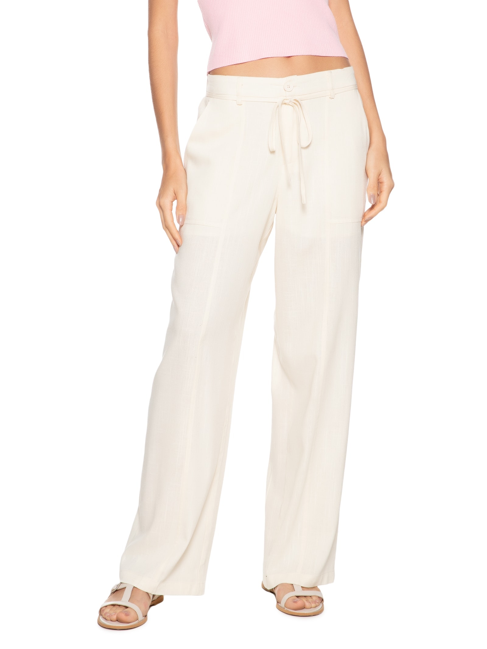 Calça Feminina Linho Reta Com Amarração Off White Basiq