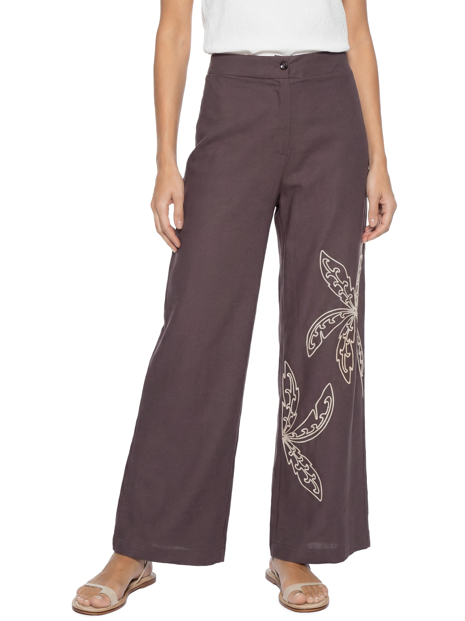 Calça Feminina Lisa Bordado Palmeiras – Marrom Cacay