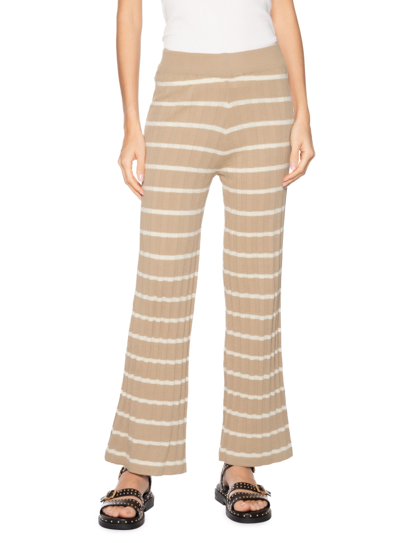 Calça Feminina Listrada Em Tricot Bege Market 33