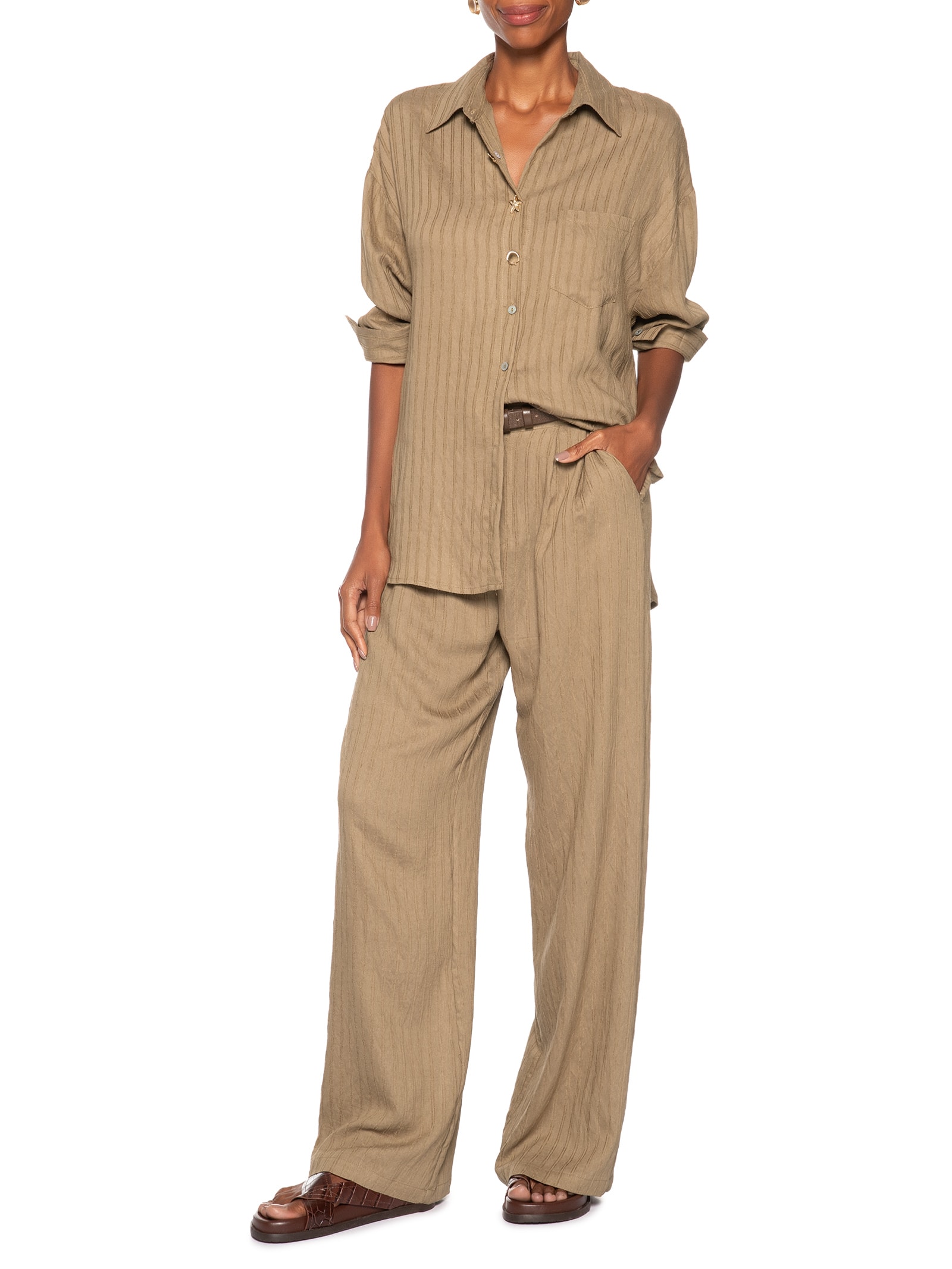 Calça Feminina Listrada Pantalona Bege Basiq