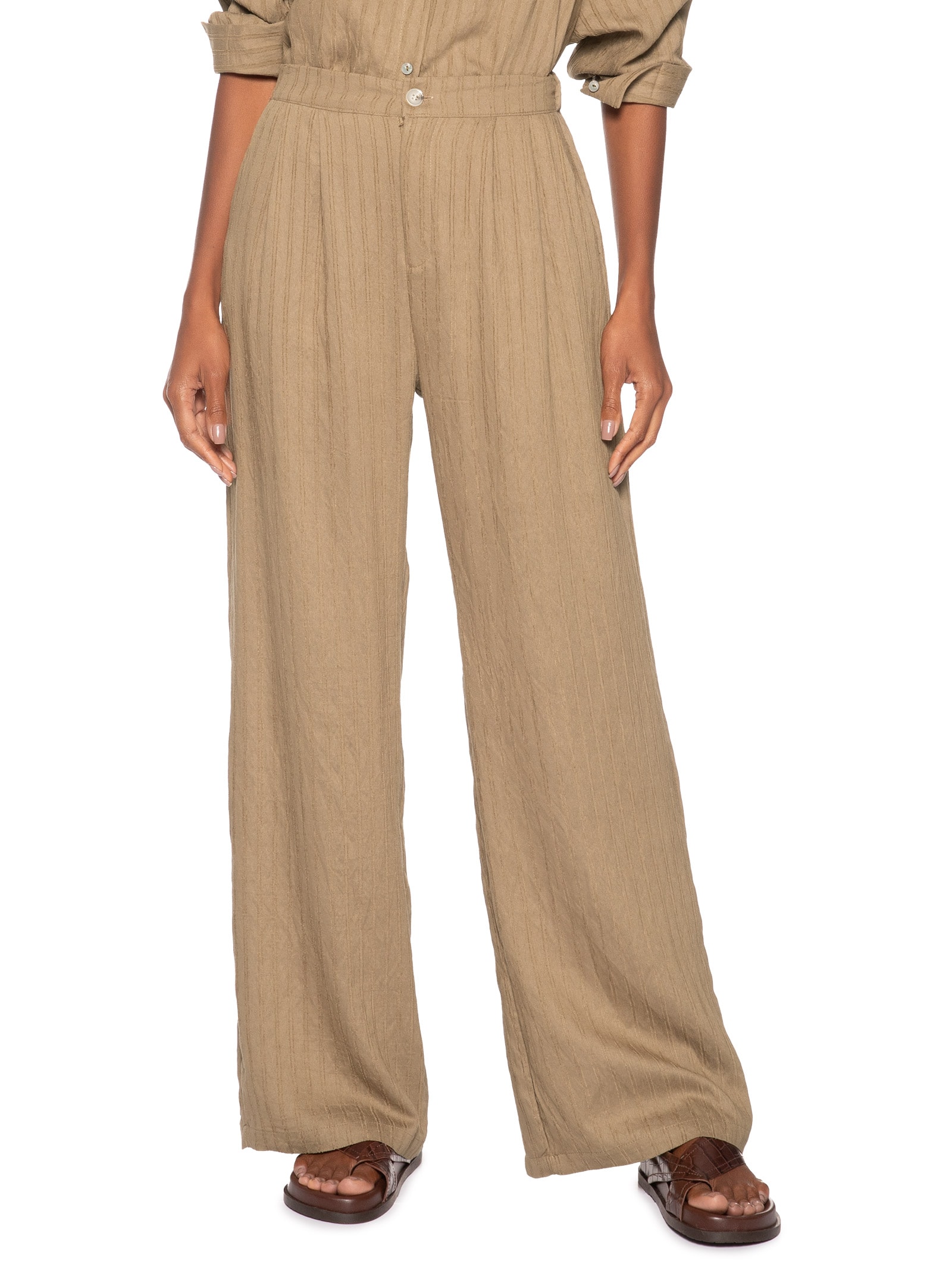 Calça Feminina Listrada Pantalona Bege Basiq