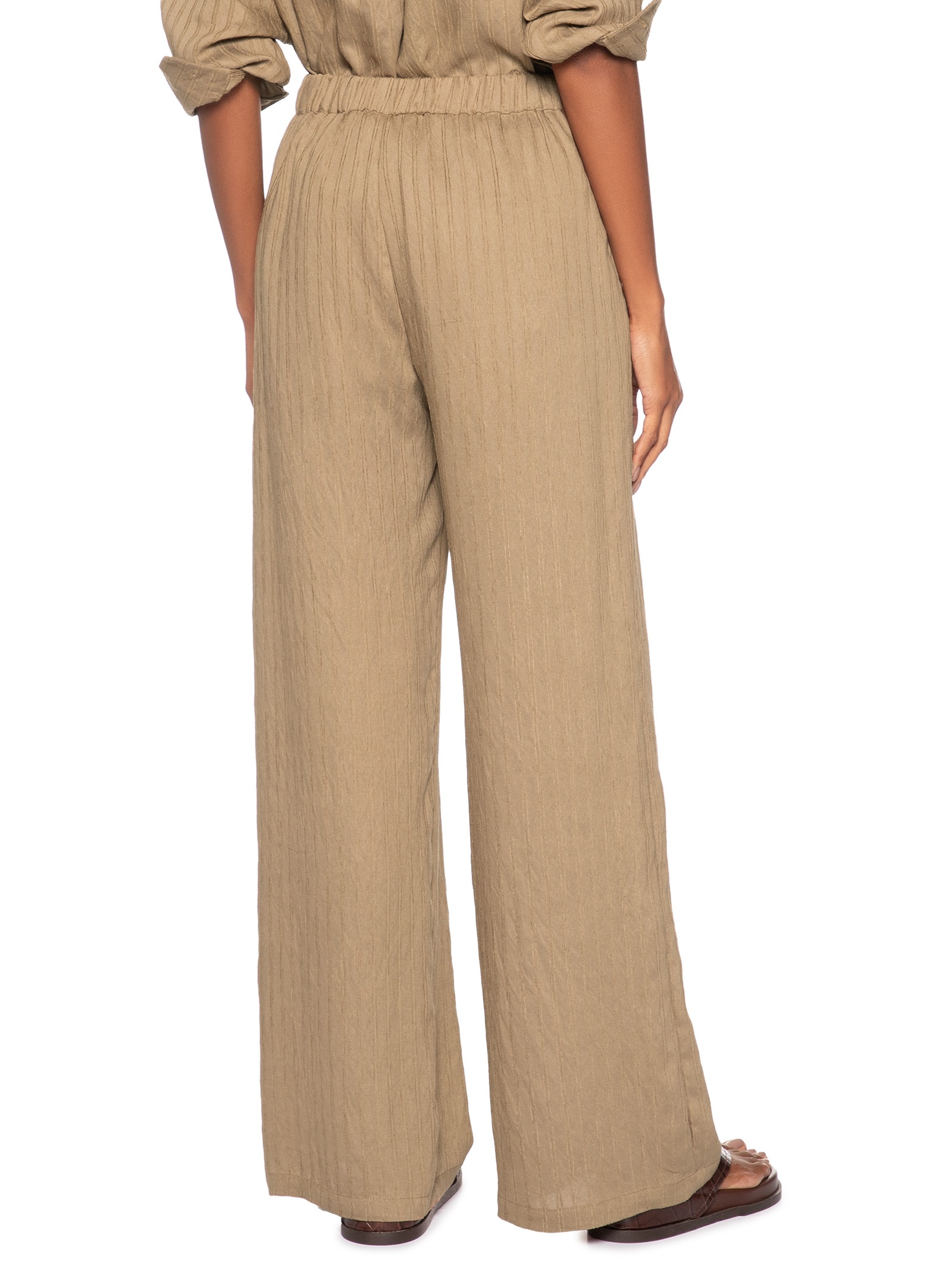 Calça Feminina Listrada Pantalona Bege Basiq