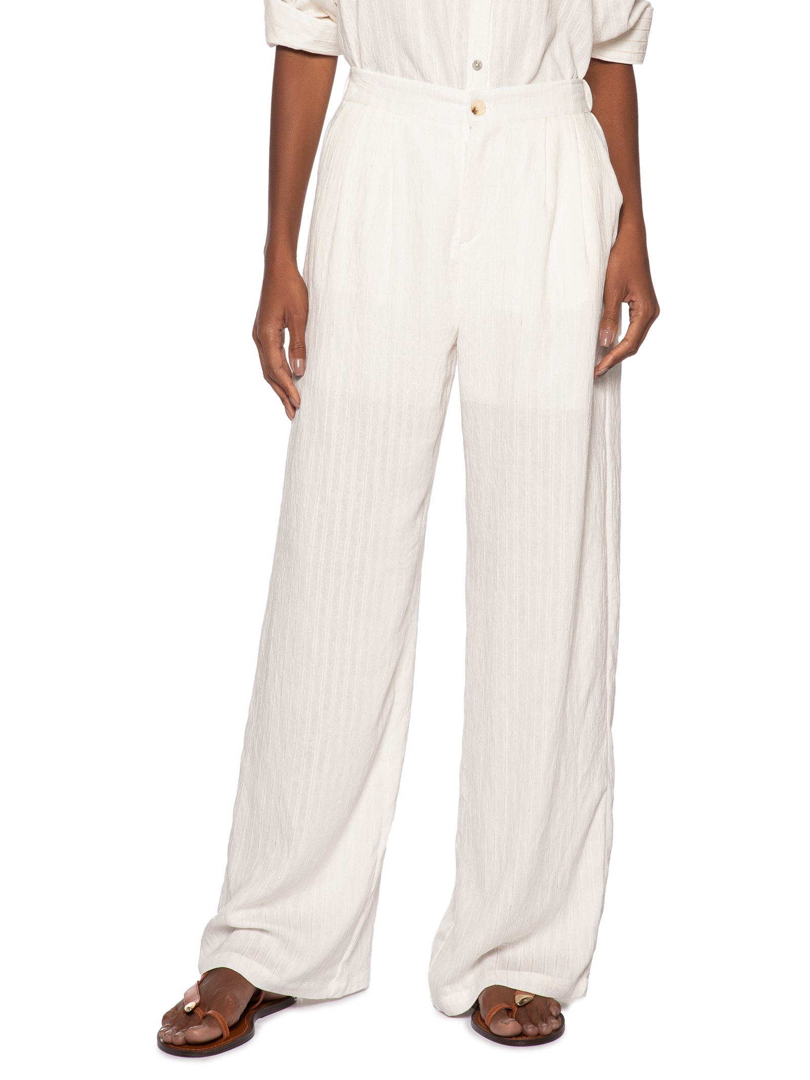 Calça Feminina Listrada Pantalona Branco Basiq