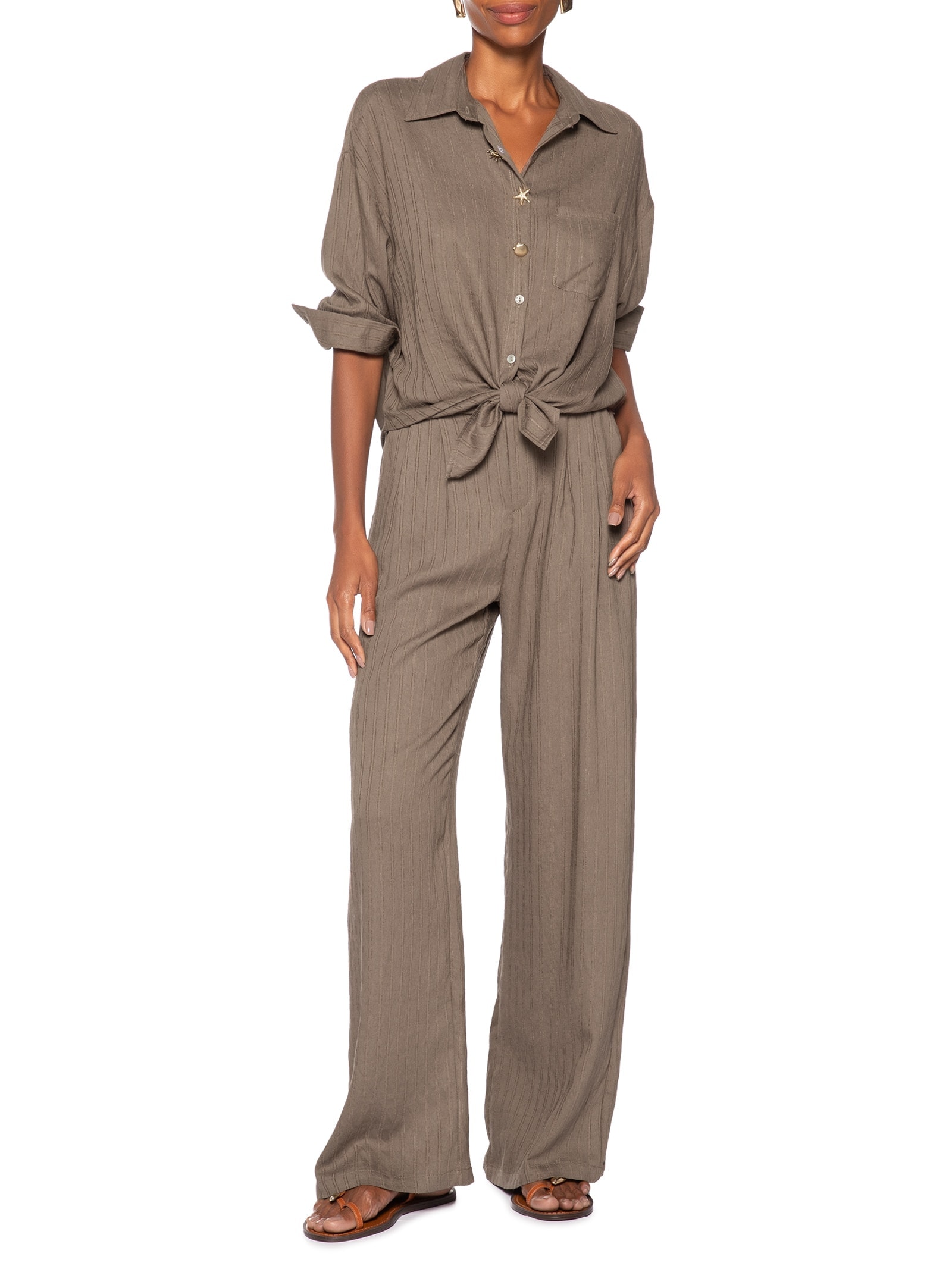 Calça Feminina Listrada Pantalona Marrom Basiq