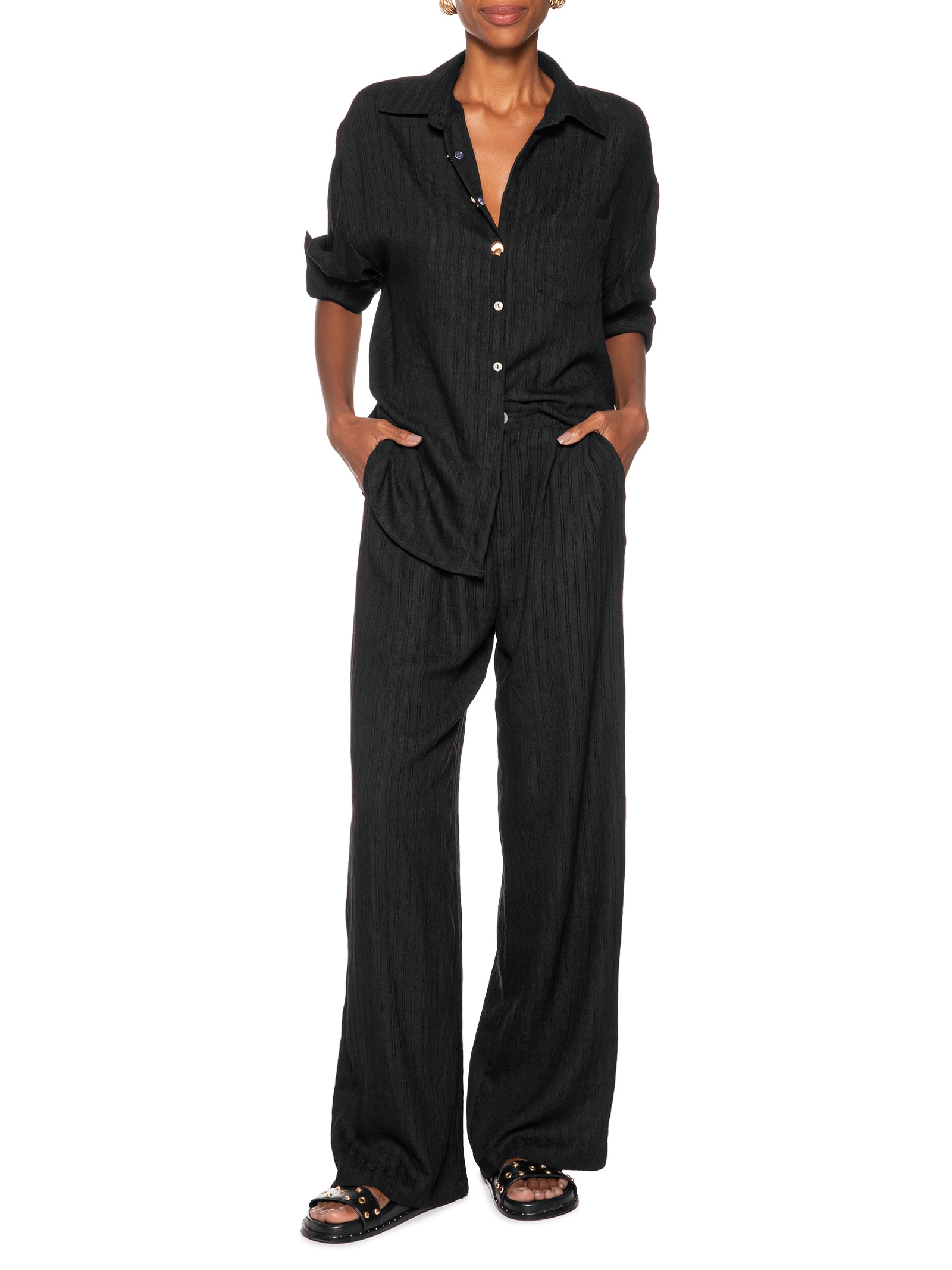 Calça Feminina Listrada Pantalona Preto Basiq