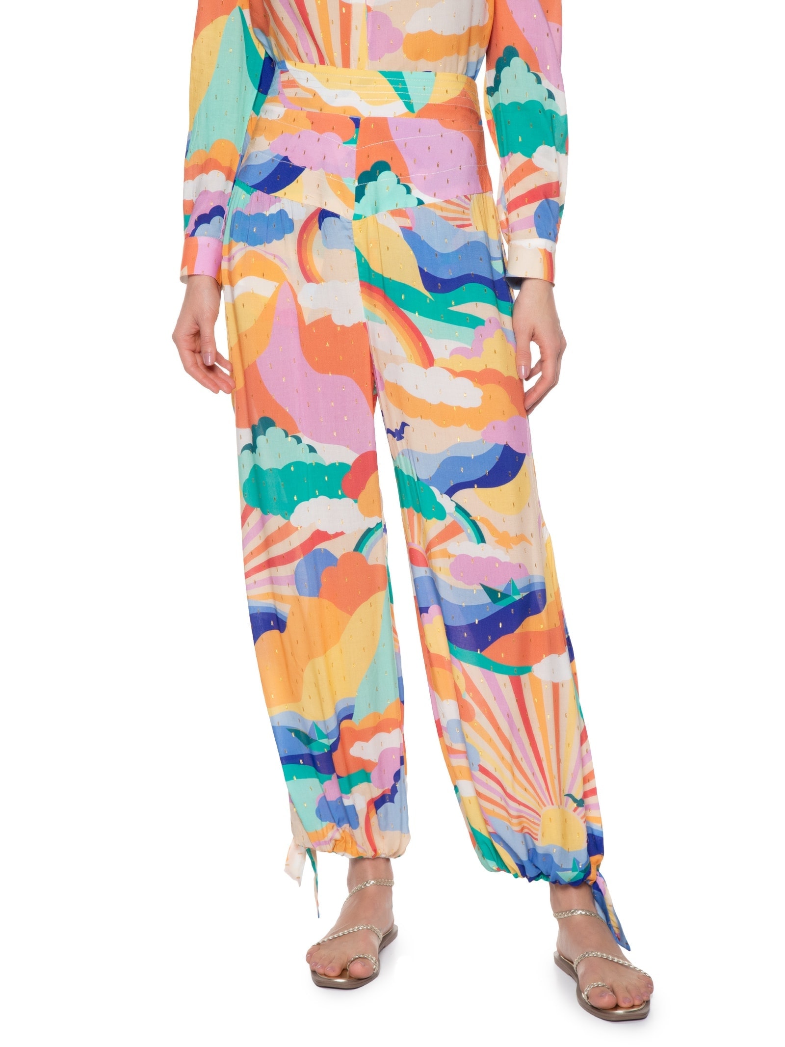 Calça Feminina Lurex Estampa Paradiso Laranja Dress To