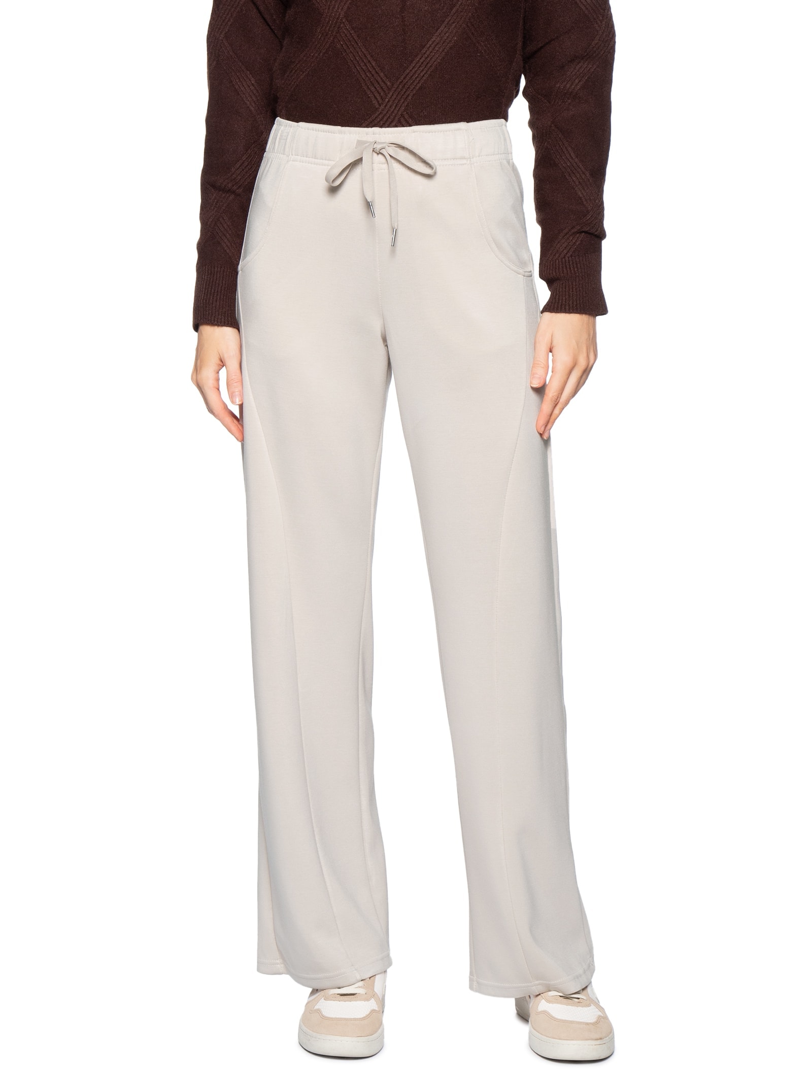 Calça Feminina Moletom Com Bolsos Bege Basiq