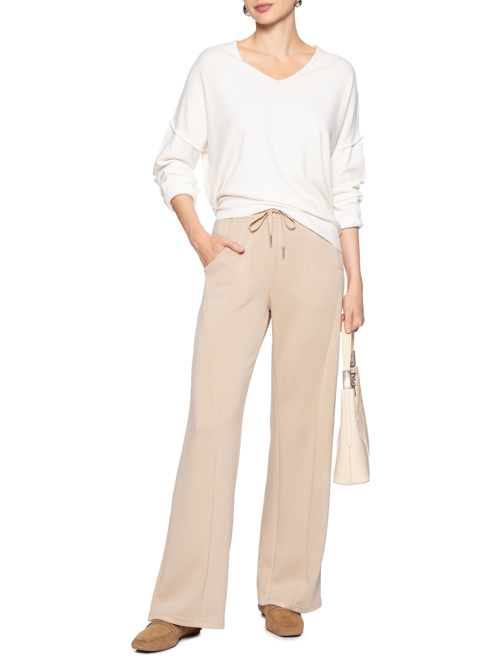 Calça Feminina Moletom Com Bolsos Bege Basiq