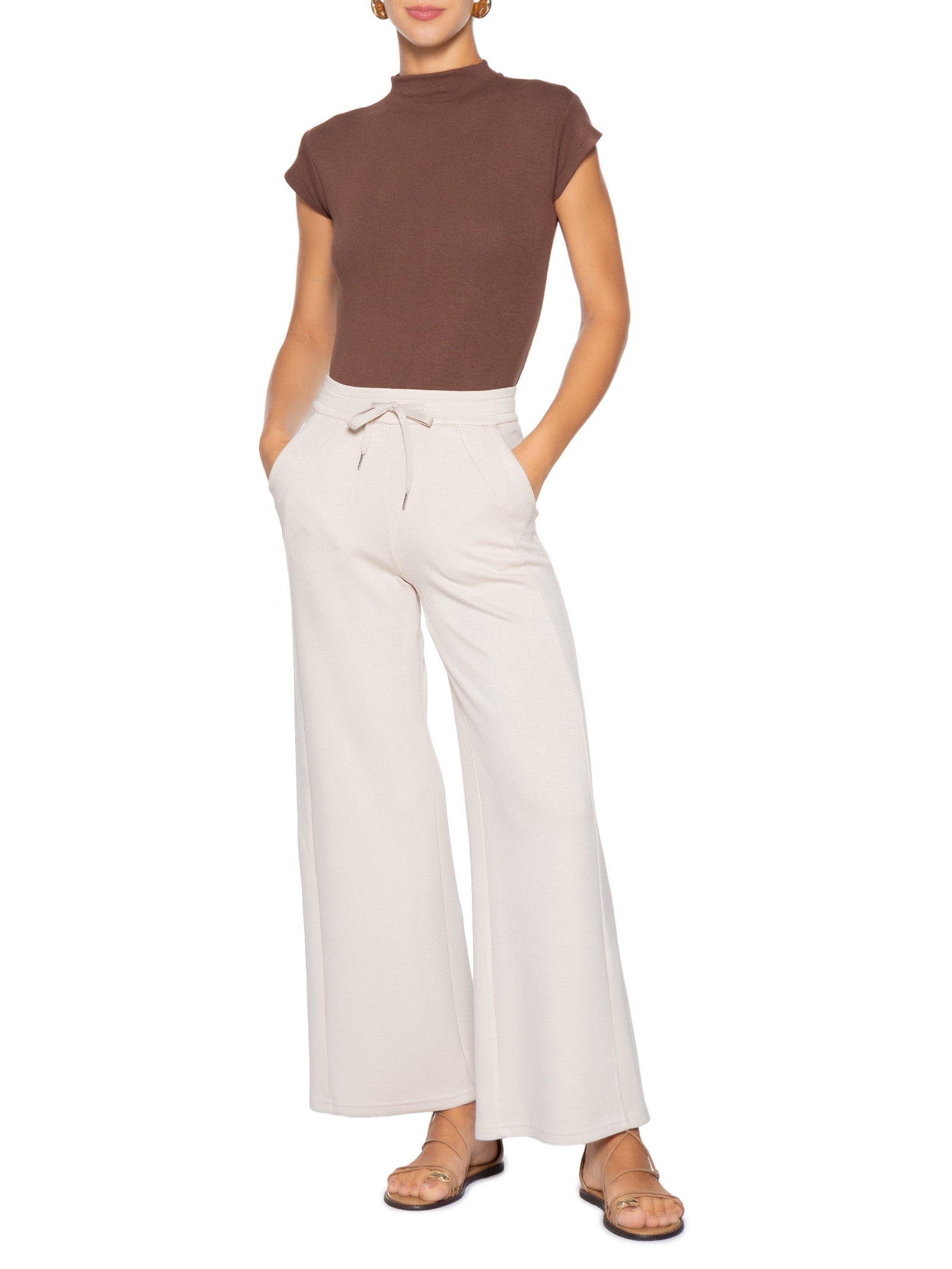 Calça Feminina Moletom Pantalona Bege Basiq