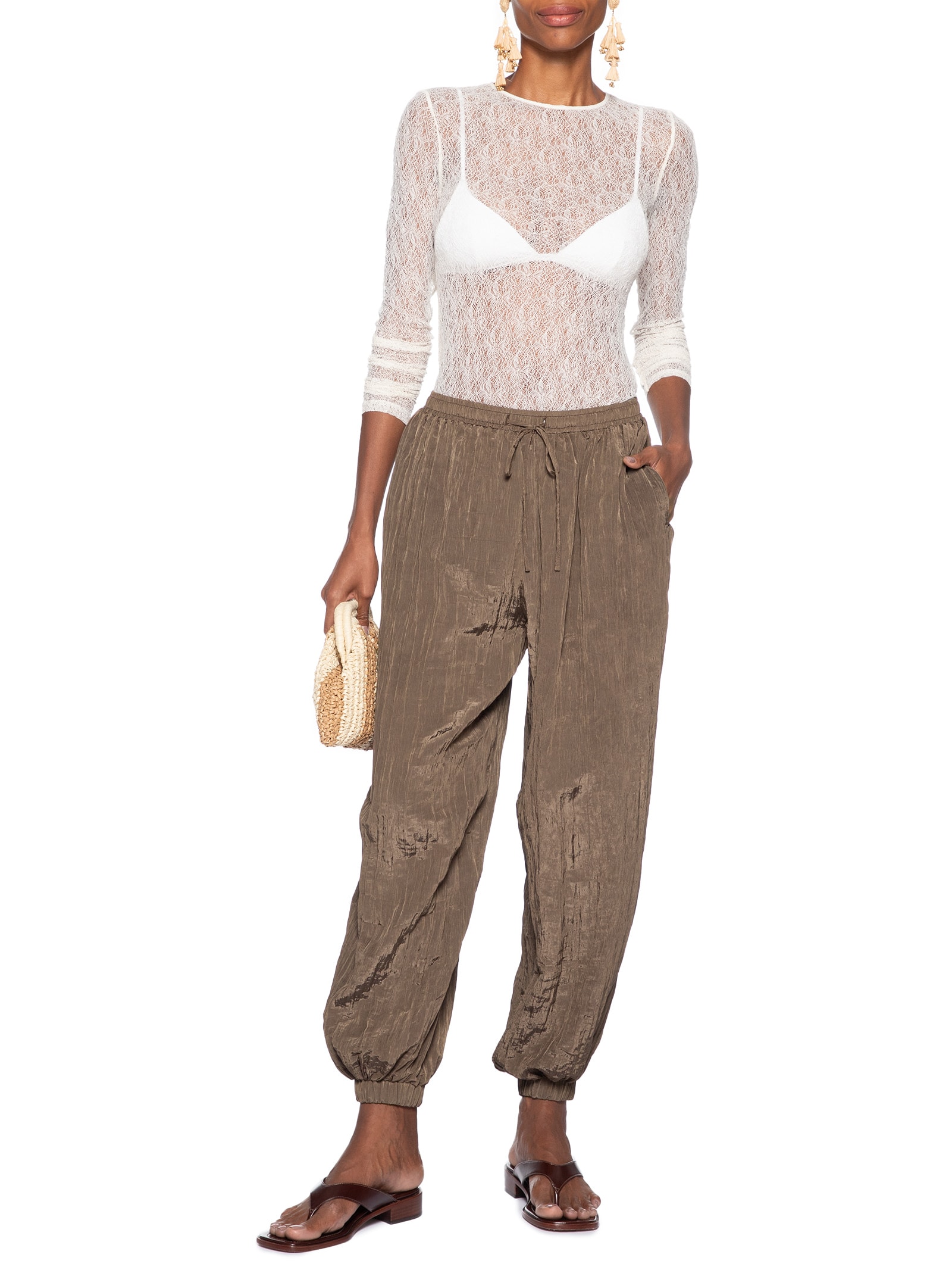 Calça Feminina Over Franzida Marrom Farm