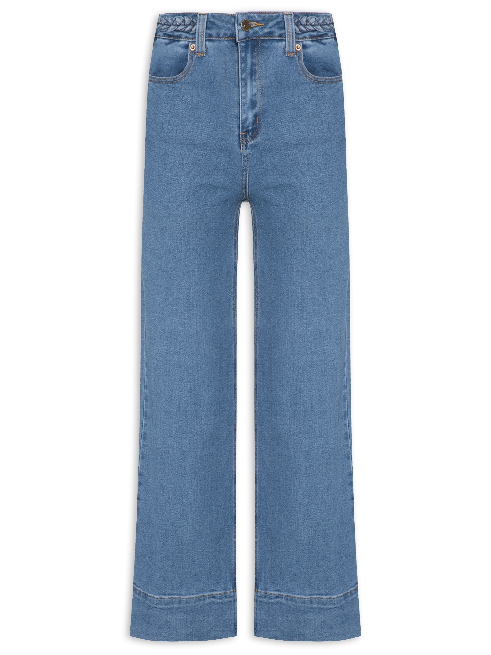 Calça Feminina Pantacourt Com Barra Larga Azul Basiq