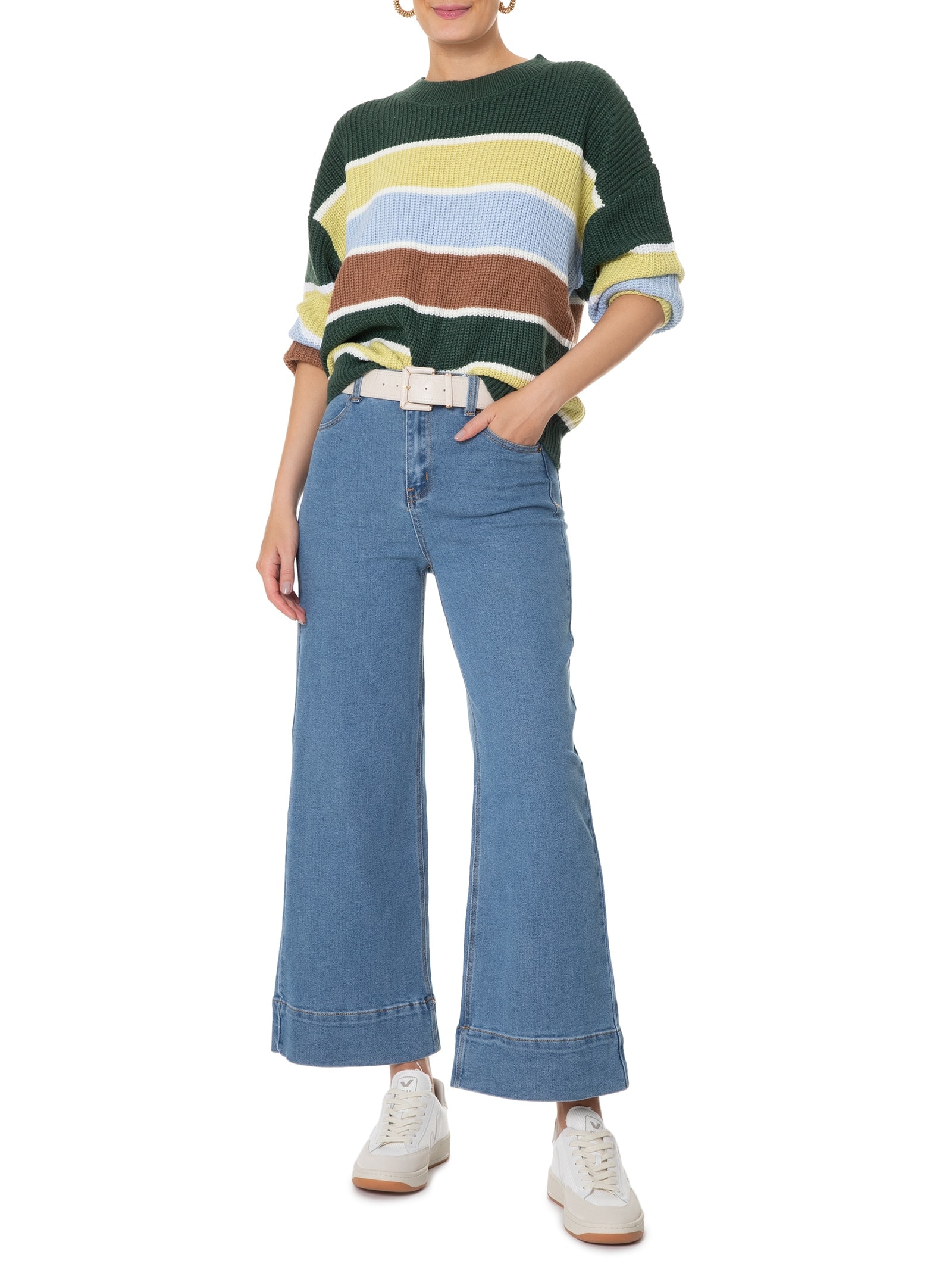 Calça Feminina Pantacourt Com Barra Larga Azul Basiq