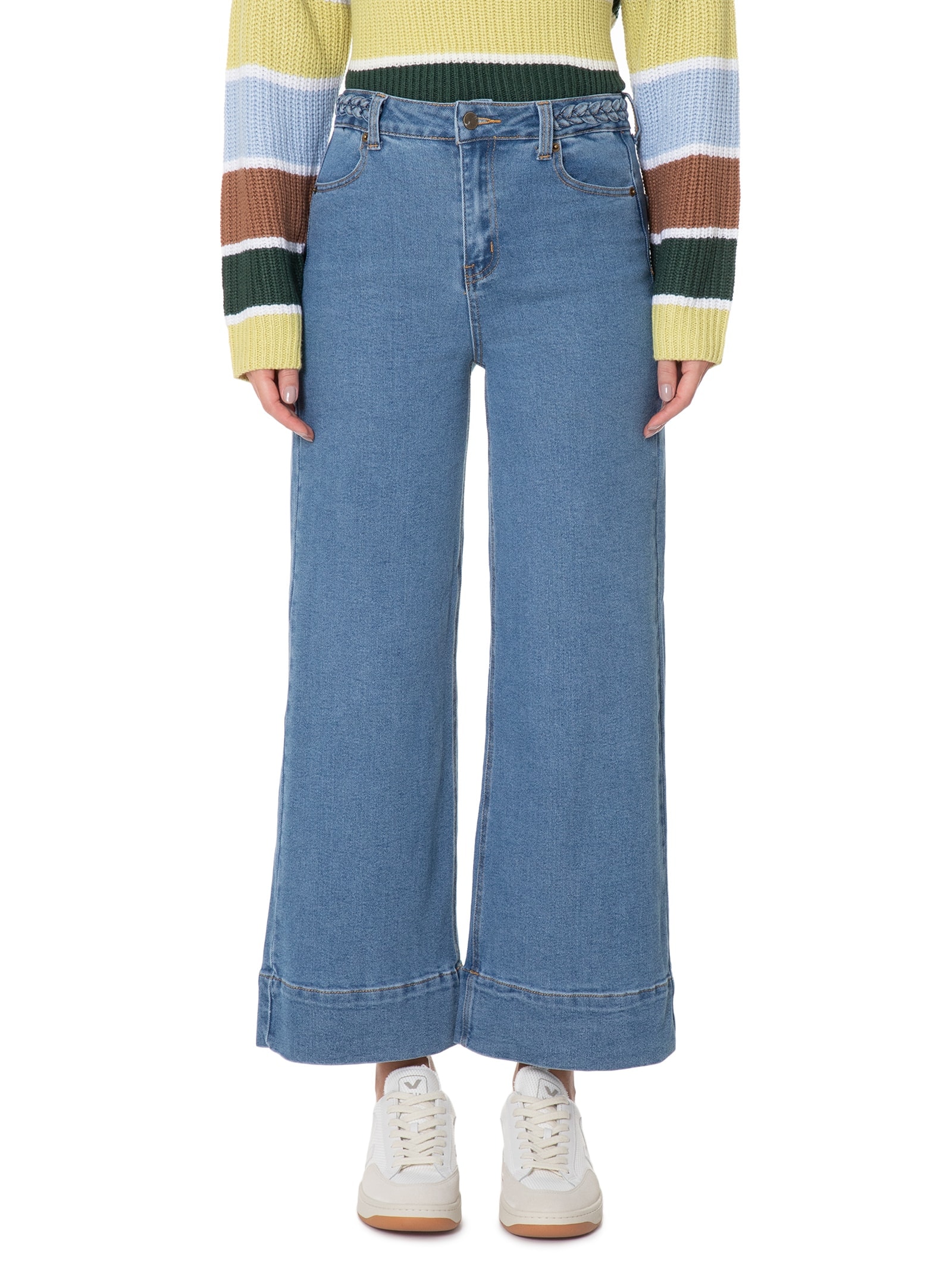 Calça Feminina Pantacourt Com Barra Larga Azul Basiq