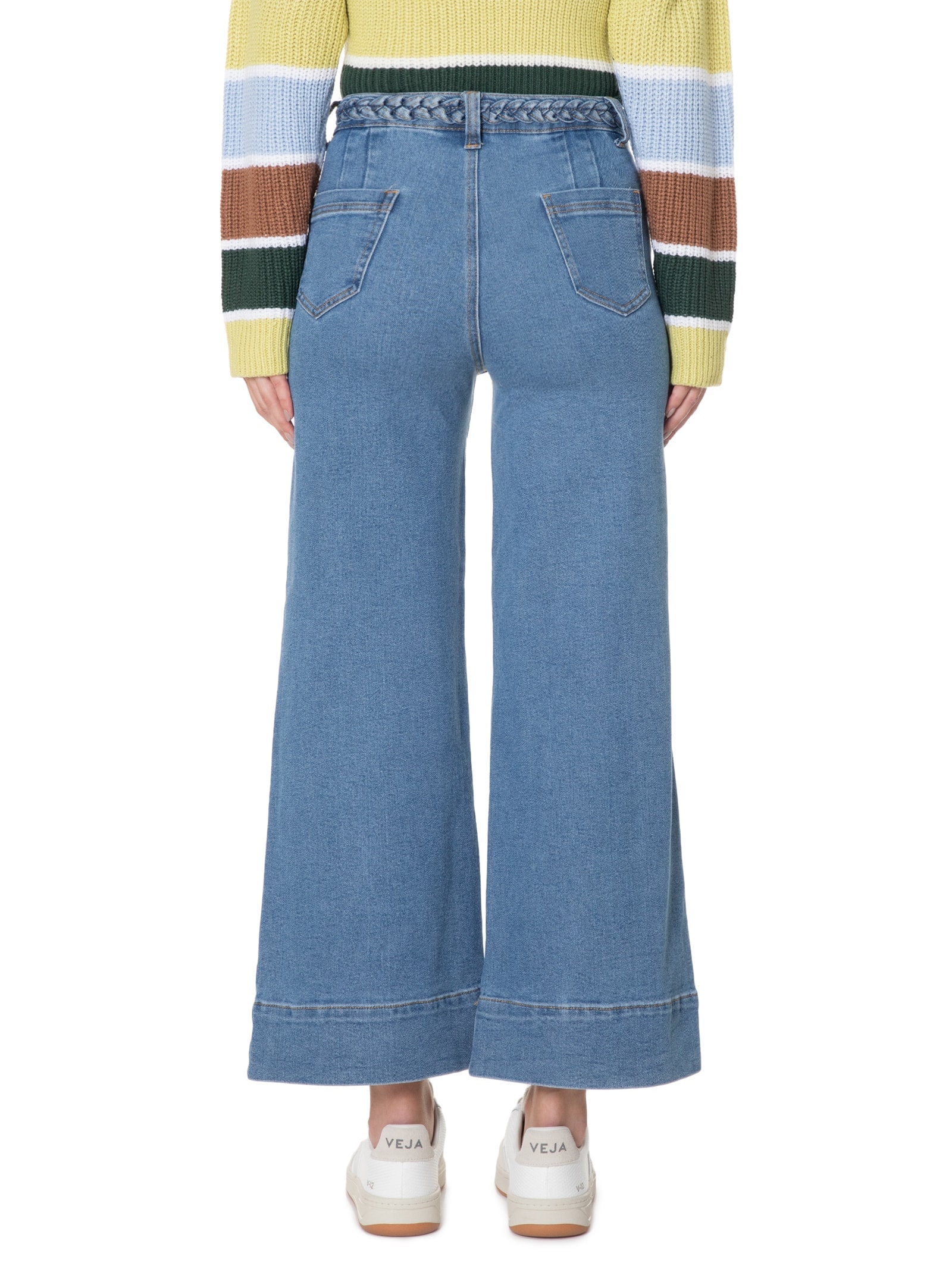 Calça Feminina Pantacourt Com Barra Larga Azul Basiq