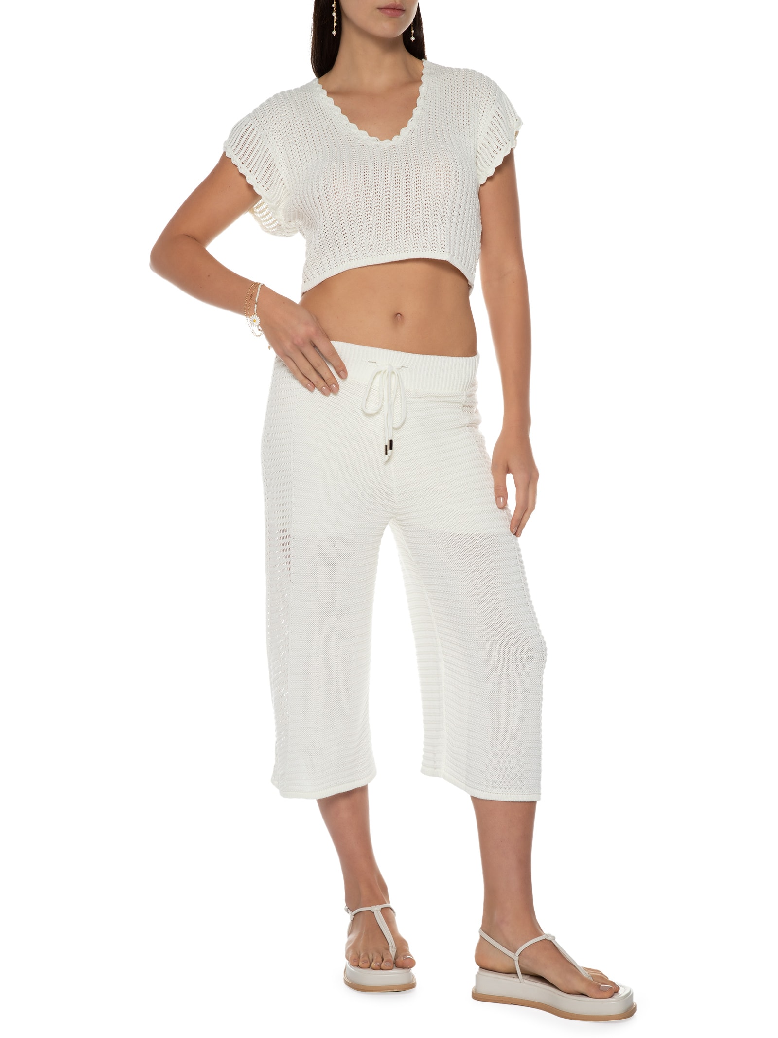 Calça Feminina Pantacourt Crochê Branco Market 33