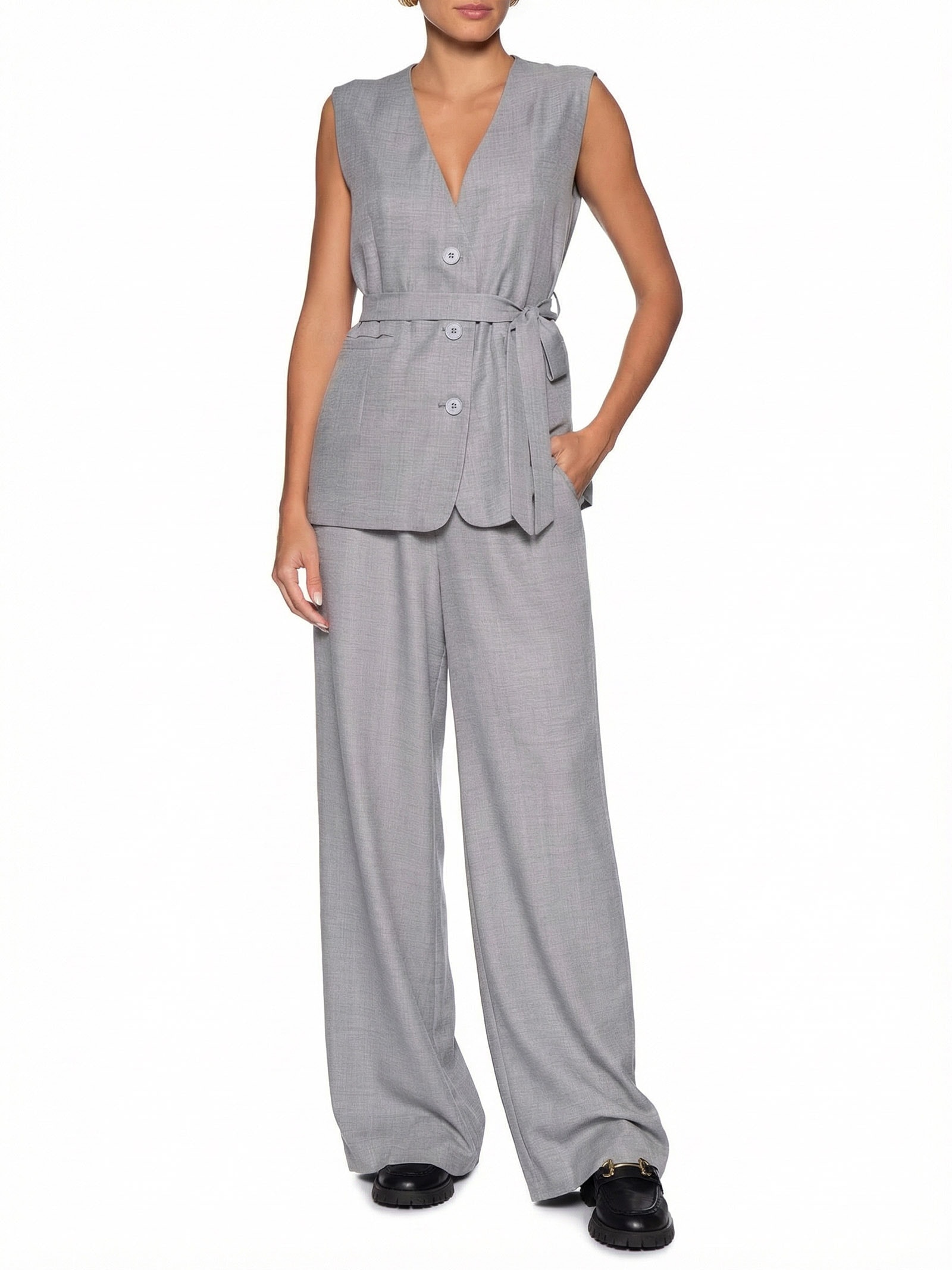 Calça Feminina Pantalona Alfaiataria Cinza Basiq