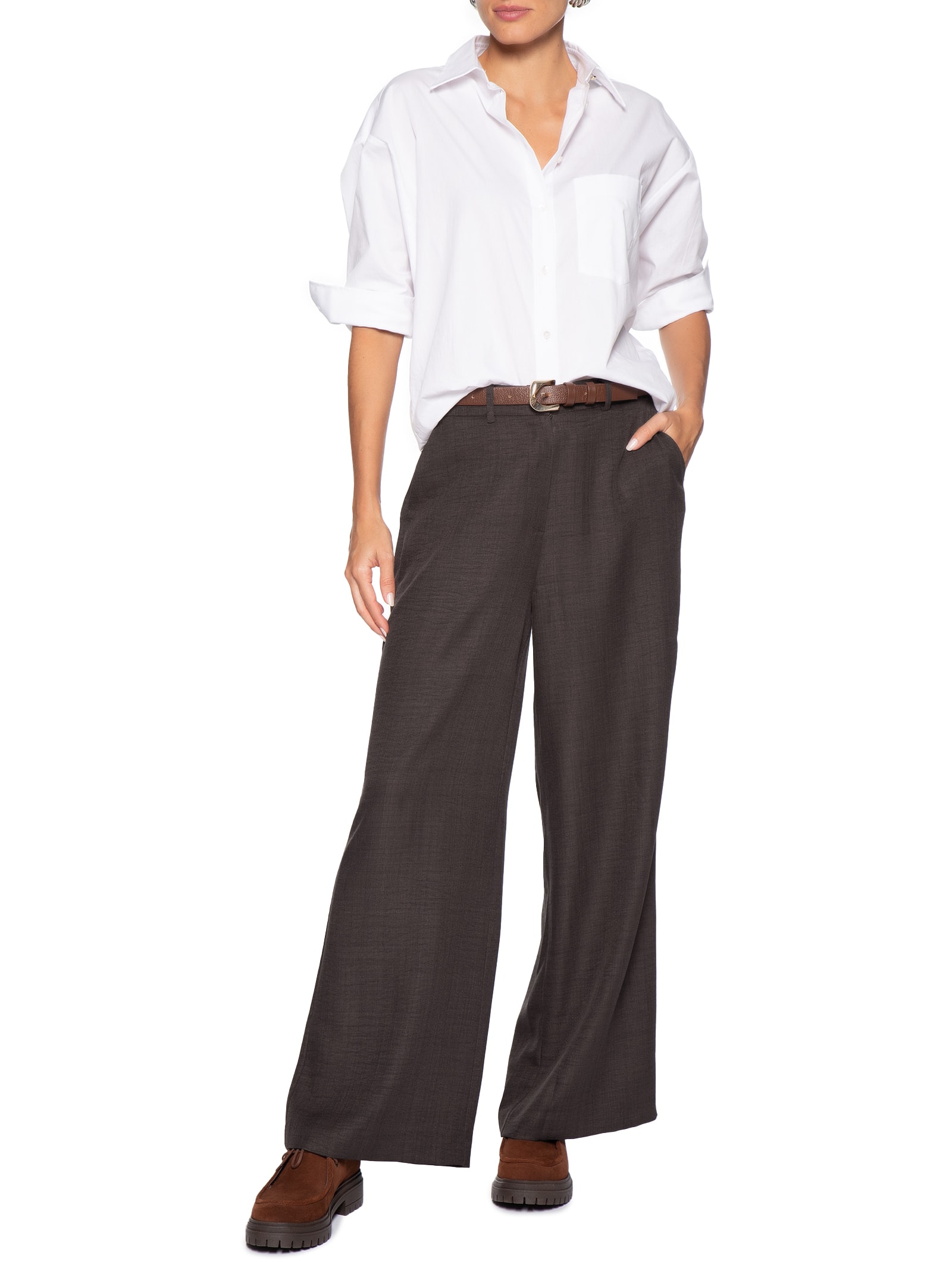 Calça Feminina Pantalona Alfaiataria Marrom Basiq