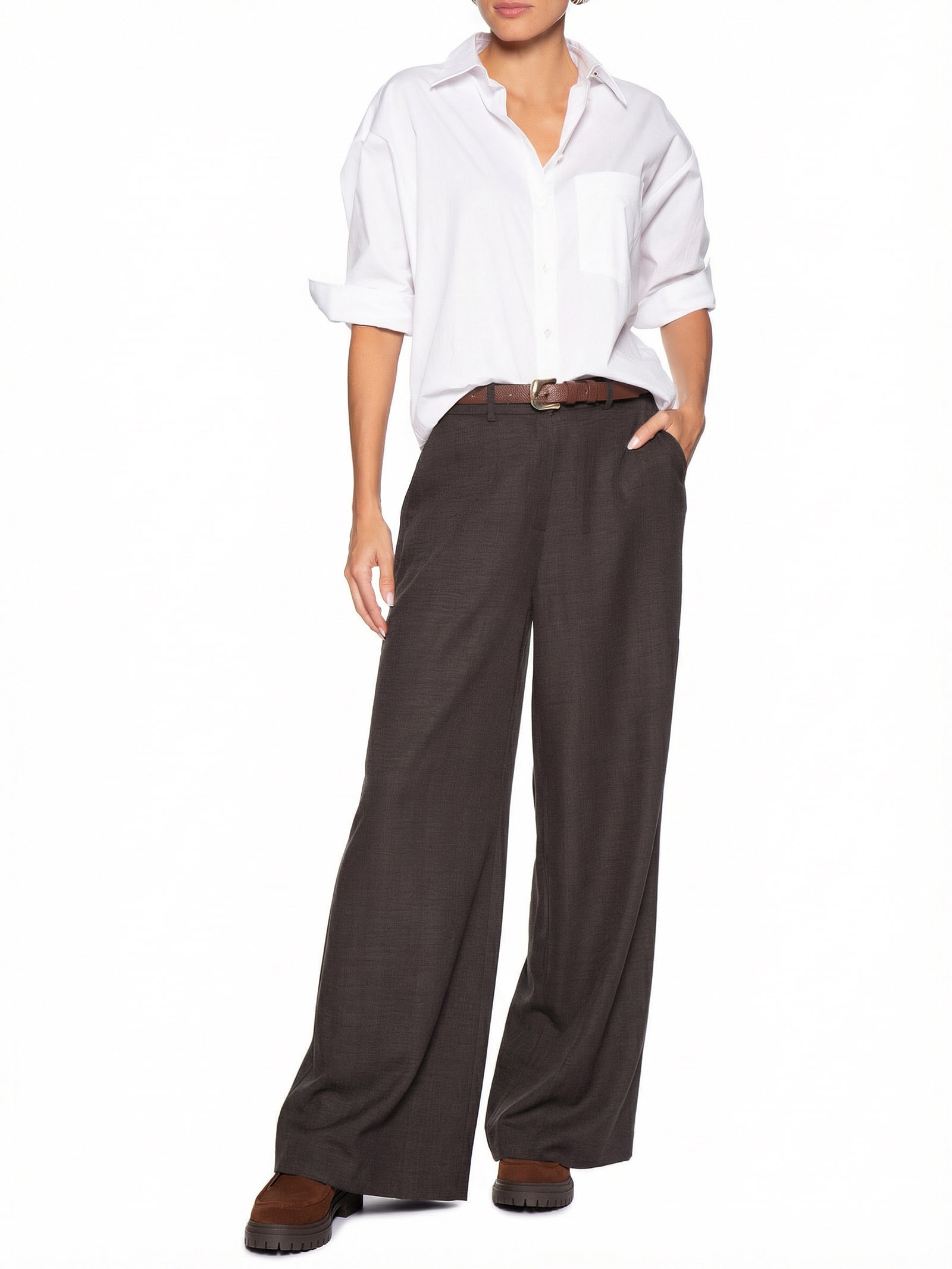 Calça Feminina Pantalona Alfaiataria Marrom Basiq