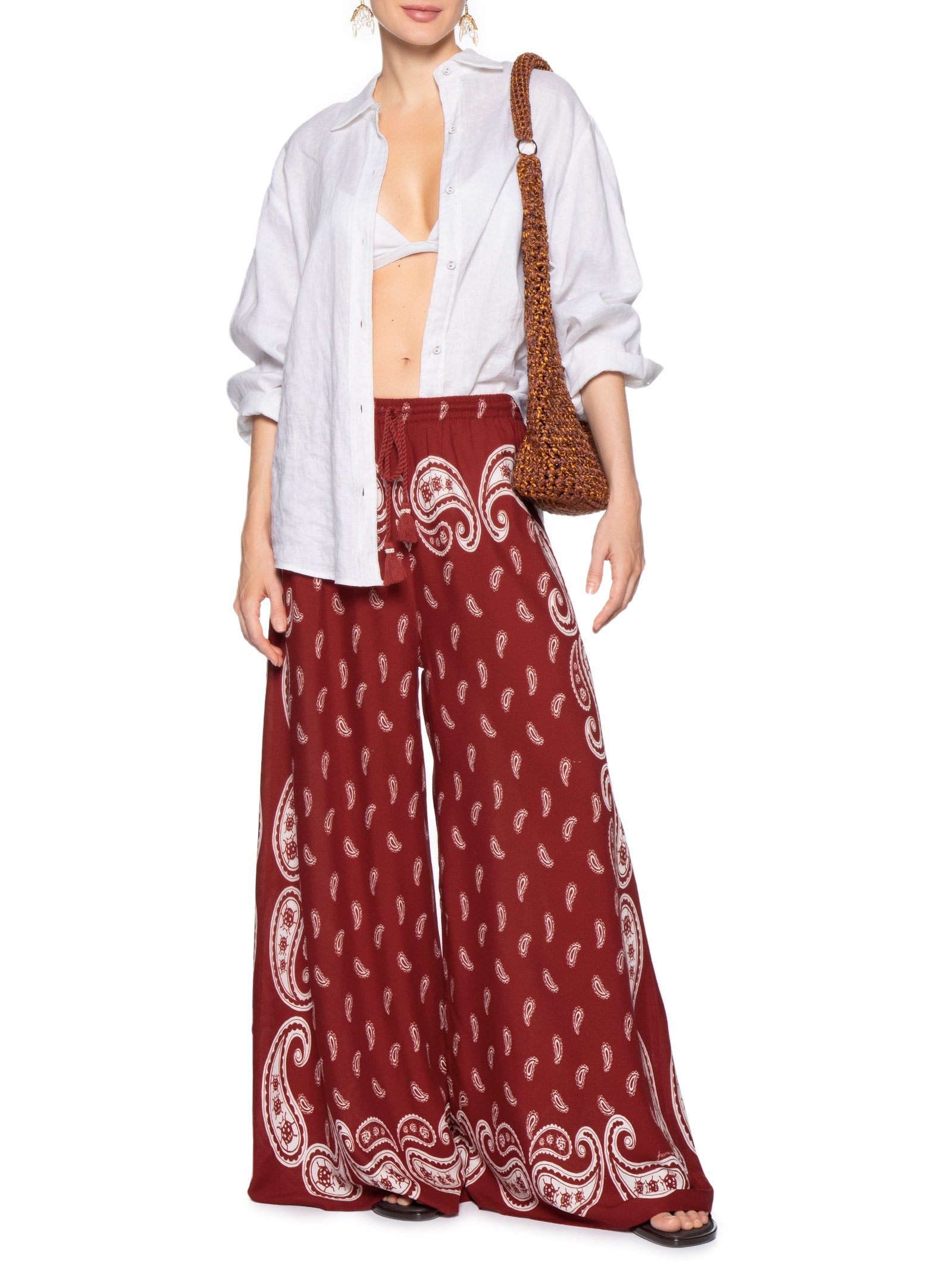 Calça Feminina Pantalona Bandana Jardim Vermelho Farm Praia