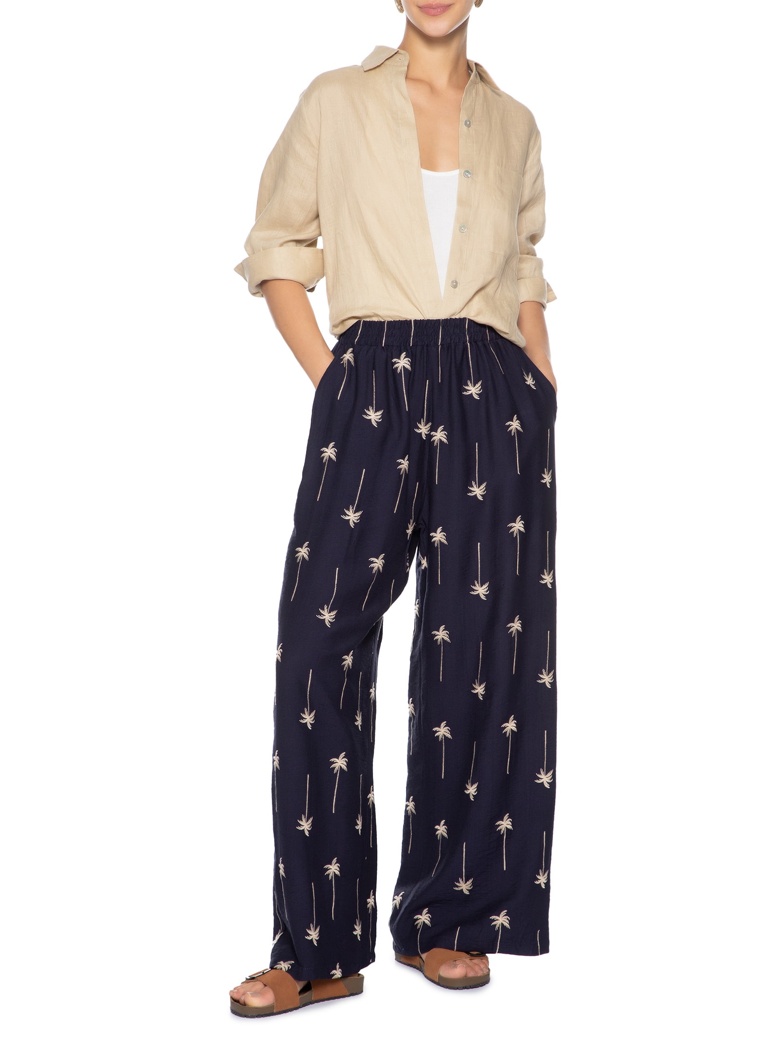 Calça Feminina Pantalona Bordada Azul Market 33