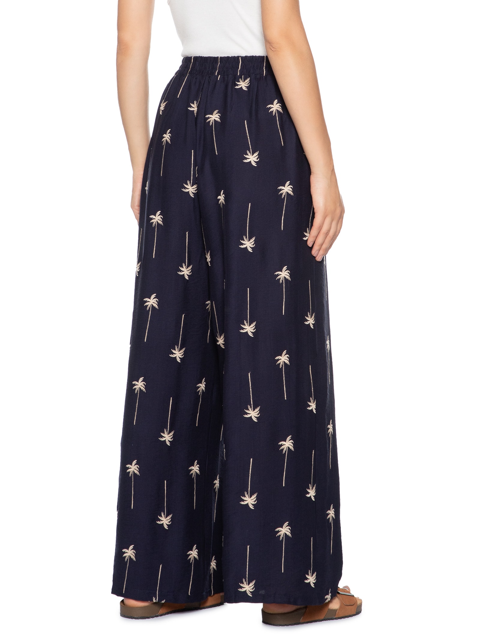 Calça Feminina Pantalona Bordada Azul Market 33