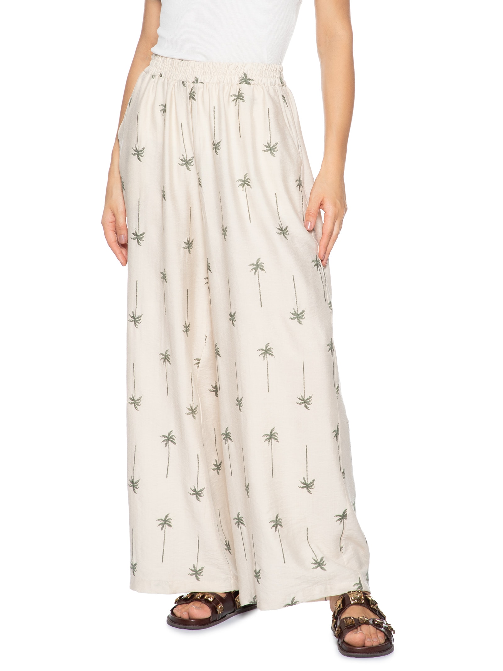 Calça Feminina Pantalona Bordada Bege Market 33