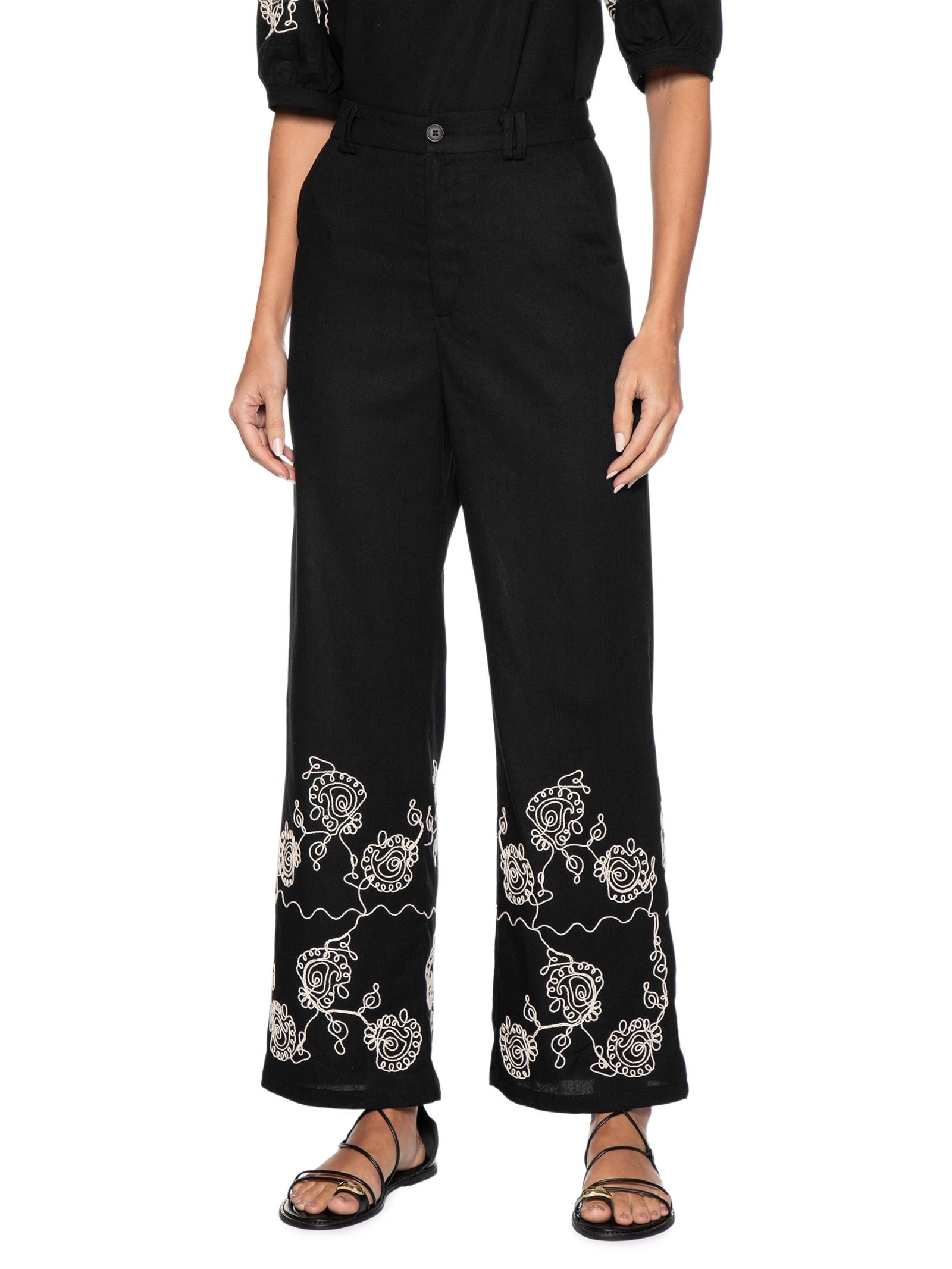 Calça Feminina Pantalona Bordada Preto '2Essential