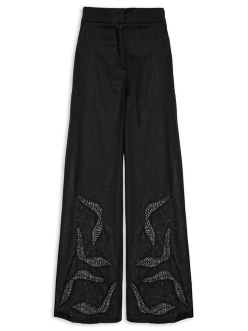 Calça Feminina Pantalona Bordado Folha – Preto