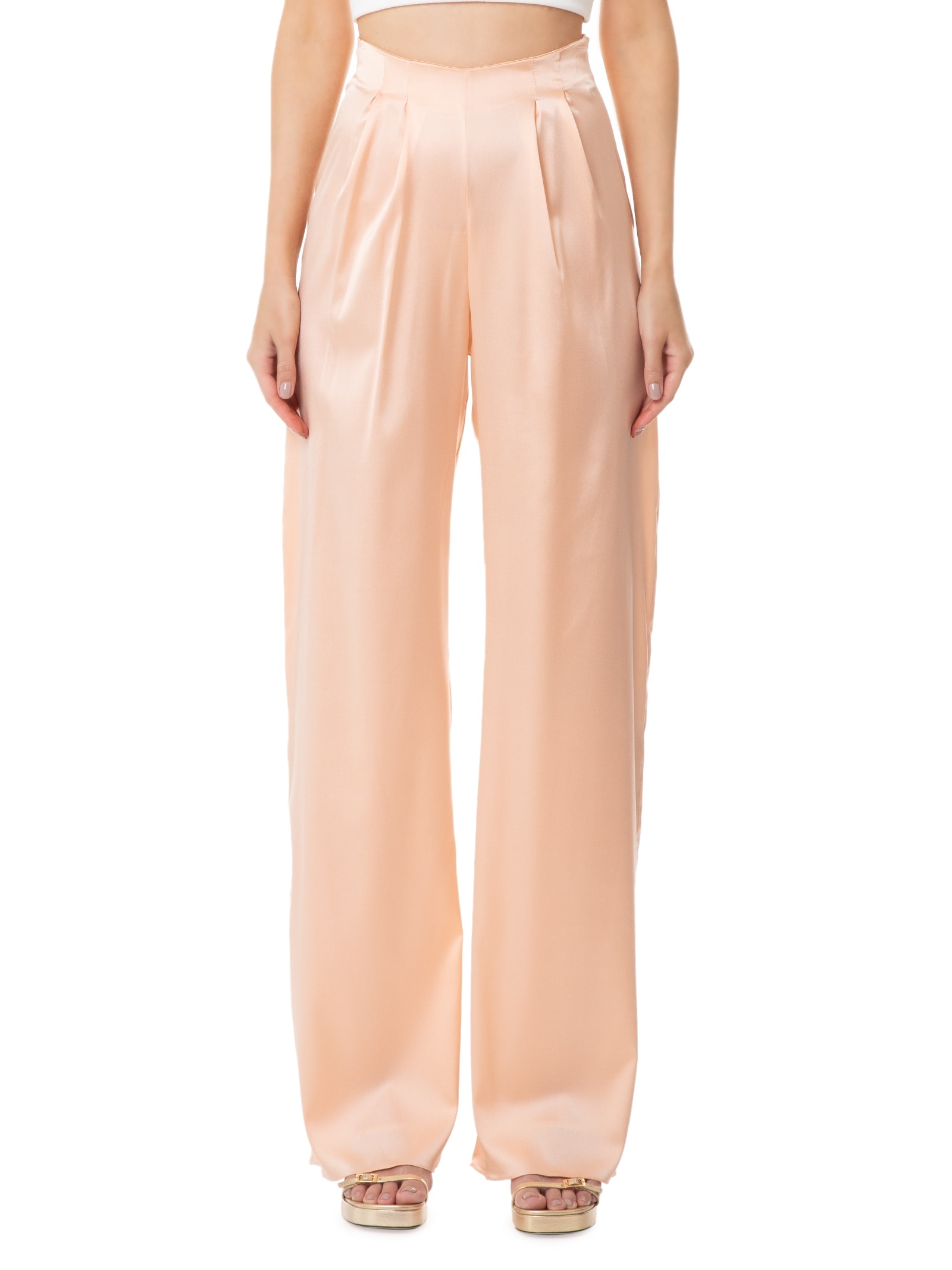 Calça Feminina Pantalona Cintura Alta Em Seda Rosa '2Essential