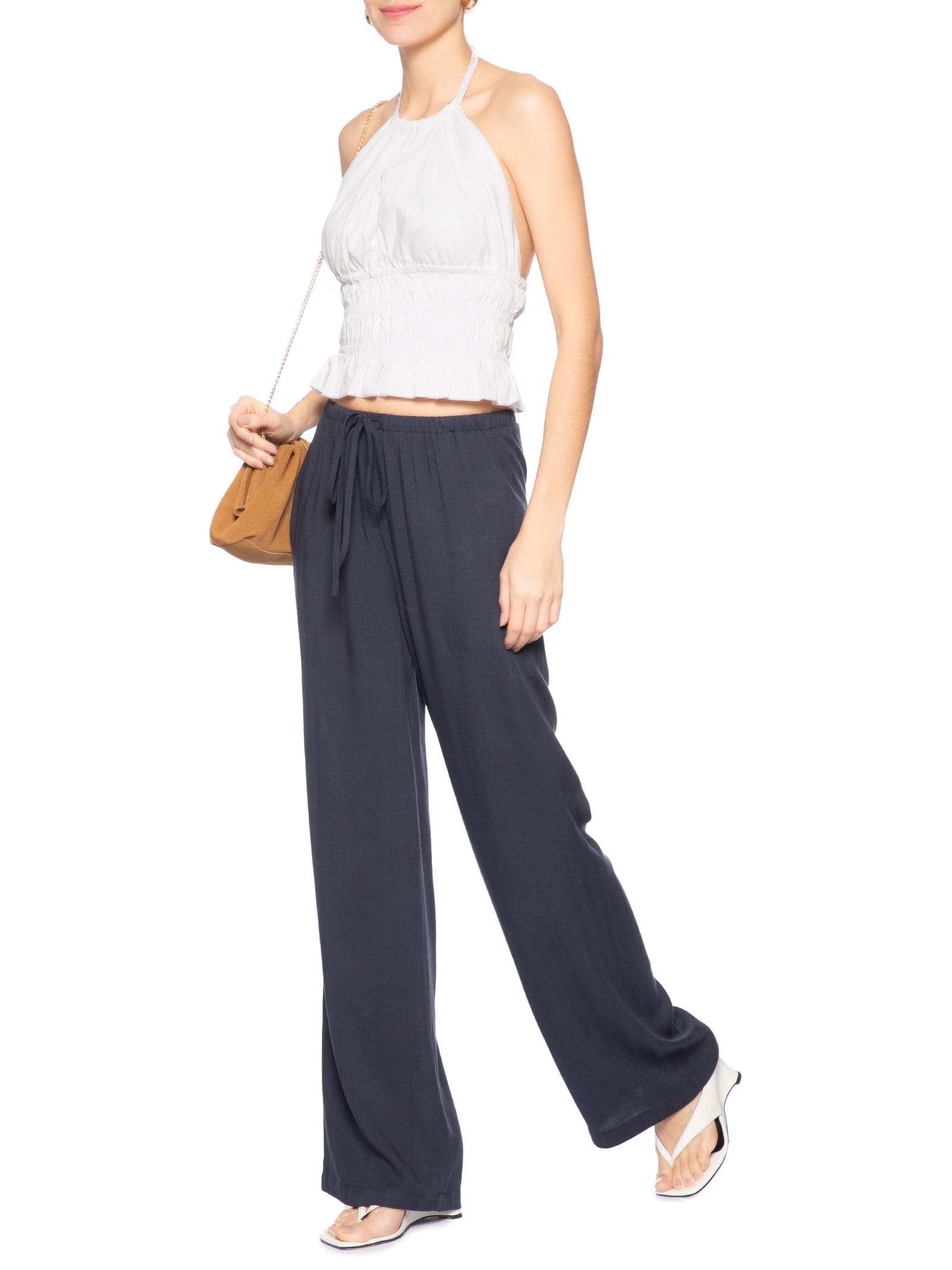 Calça Feminina Pantalona Com Amarração Azul Market 33