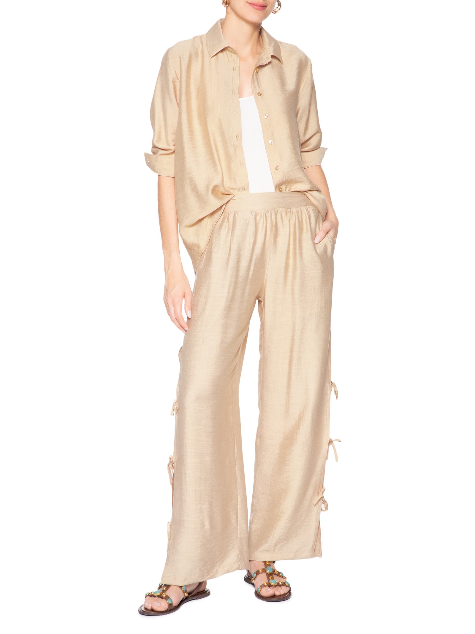 Calça Feminina Pantalona Com Amarração Lateral Bege Market 33