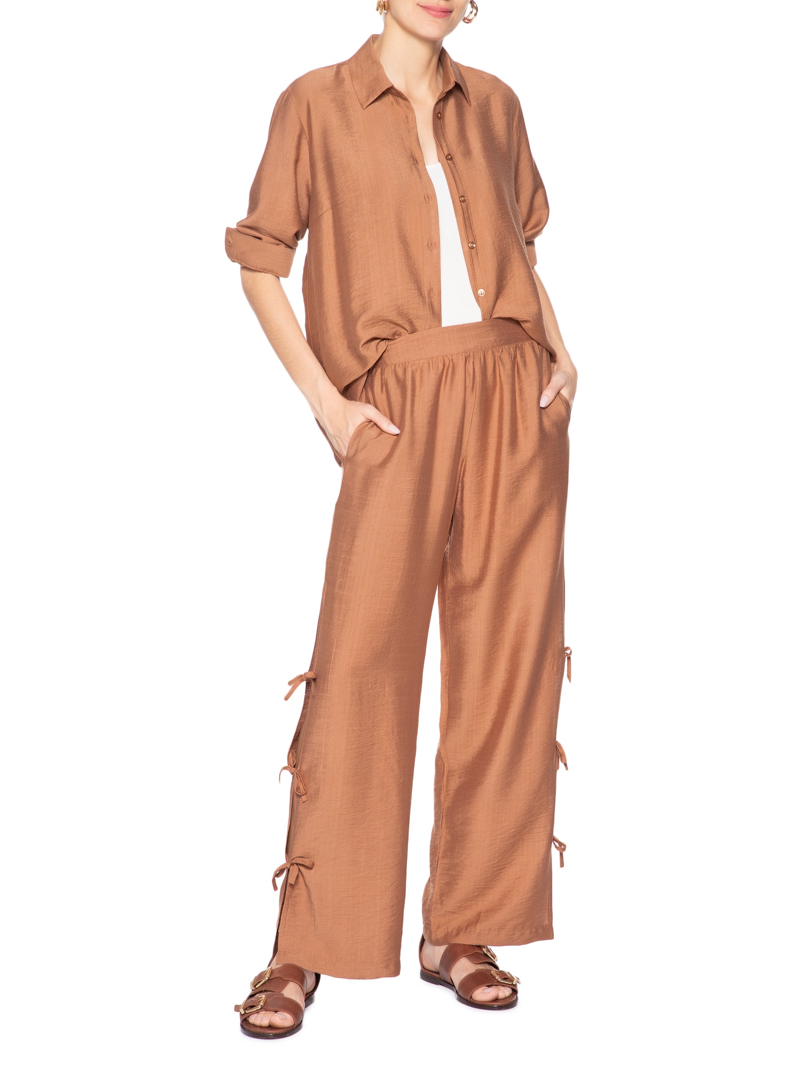 Calça Feminina Pantalona Com Amarração Lateral Marrom Market 33