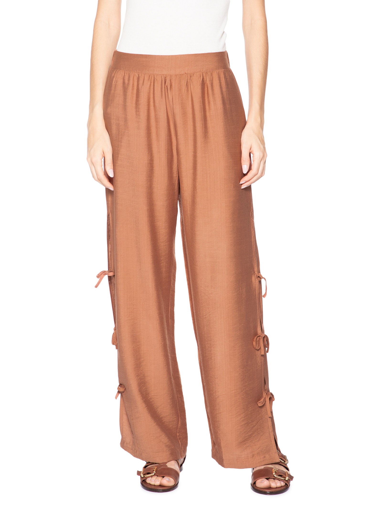 Calça Feminina Pantalona Com Amarração Lateral Marrom Market 33