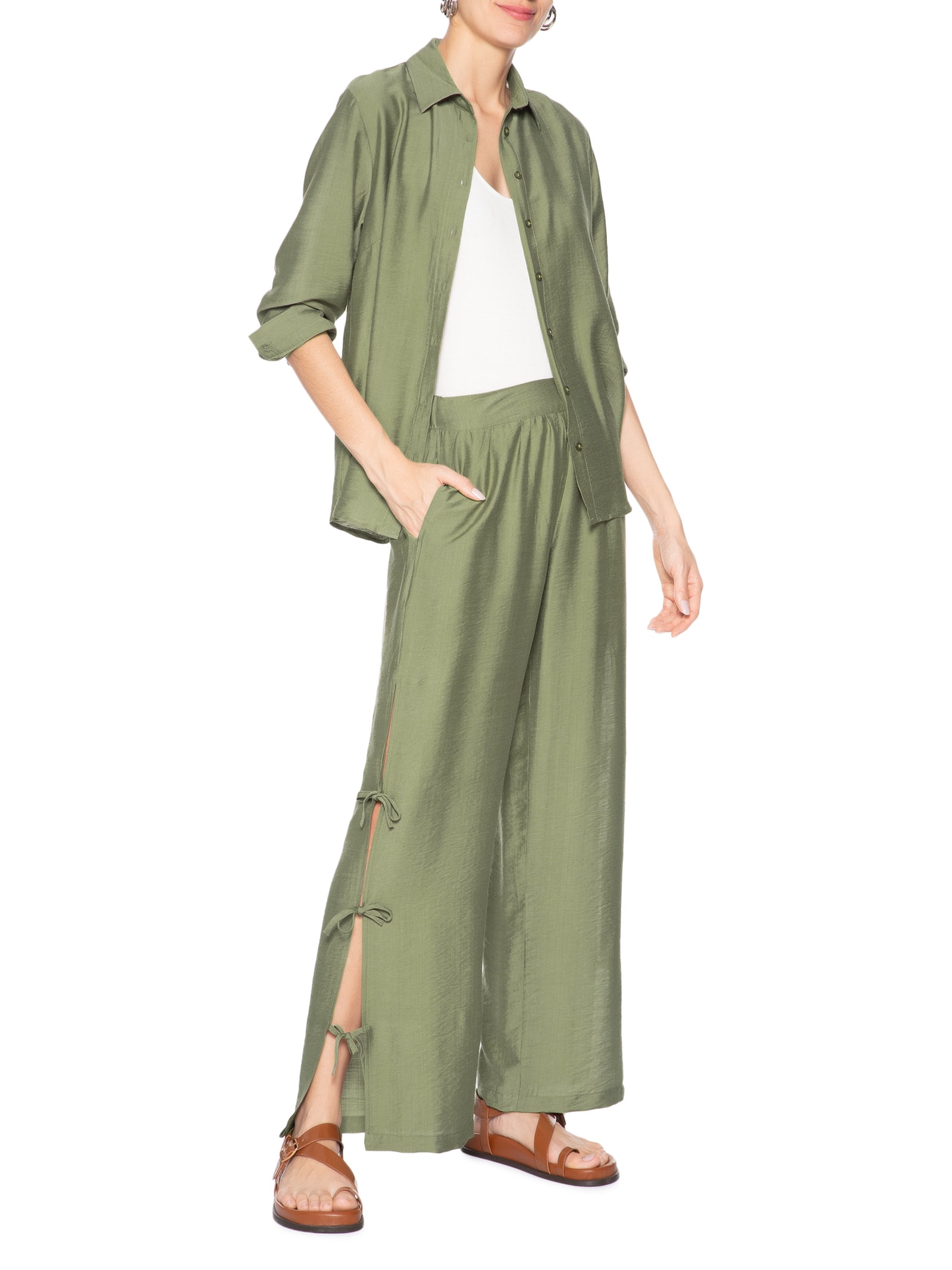 Calça Feminina Pantalona Com Amarração Lateral Verde Market 33