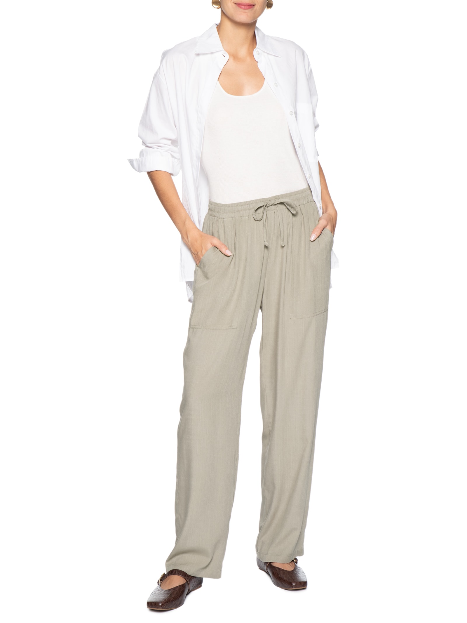 Calça Feminina Pantalona Com Bolsos Bege Basiq