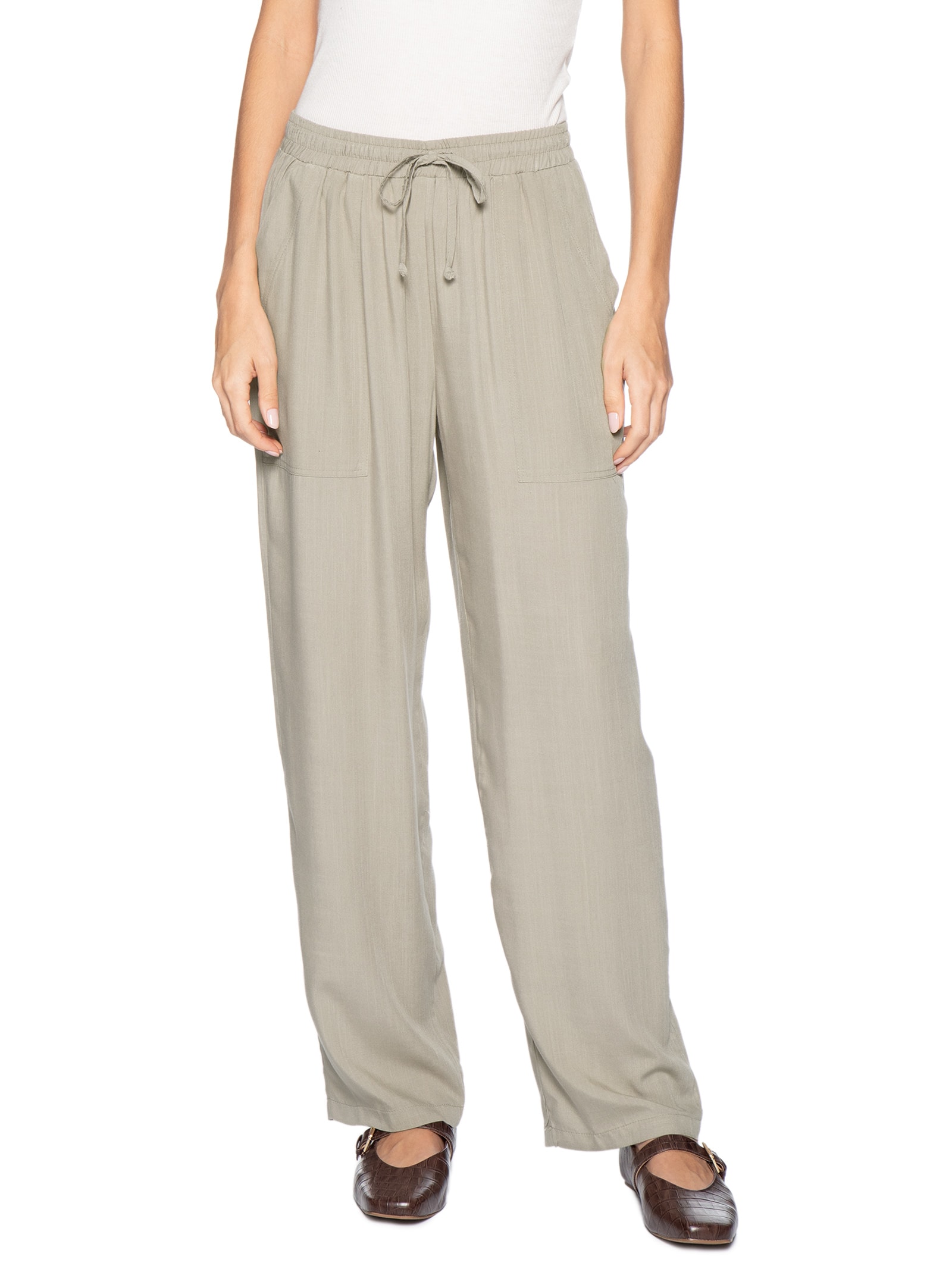 Calça Feminina Pantalona Com Bolsos Bege Basiq