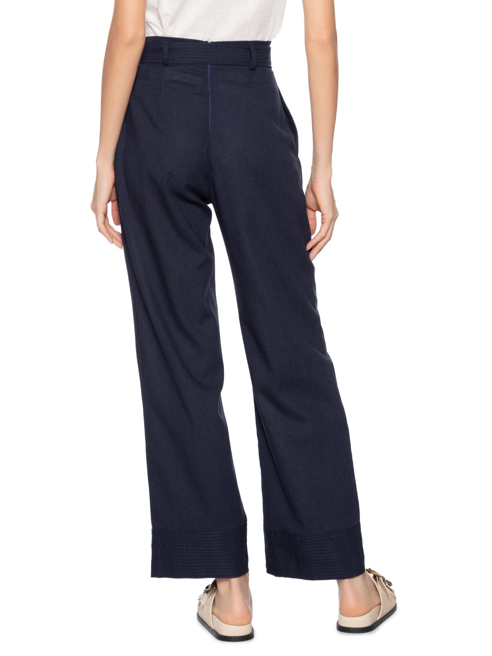 Calça Feminina Pantalona Com Cinto Azul Basiq