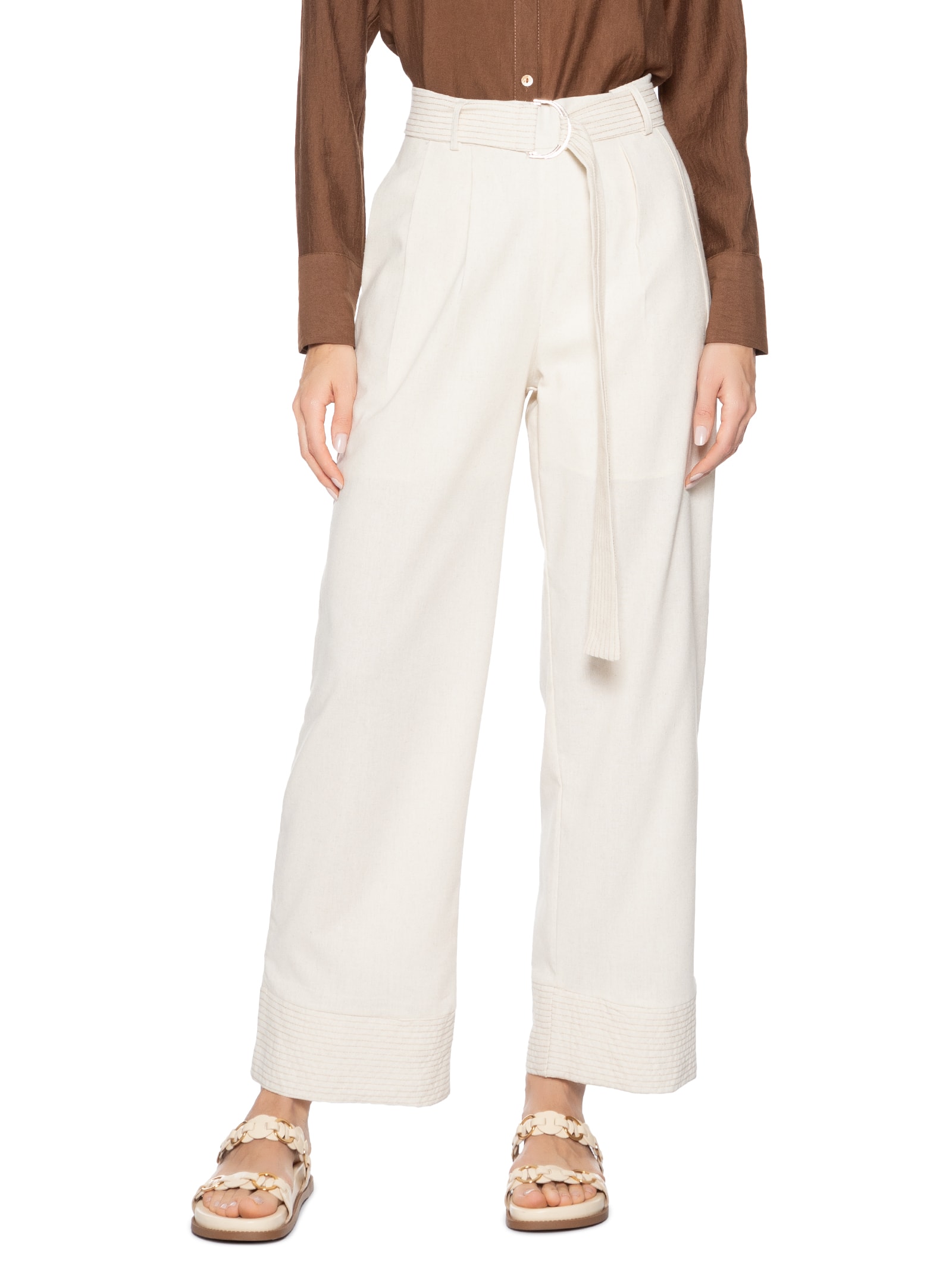 Calça Feminina Pantalona Com Cinto Bege Basiq