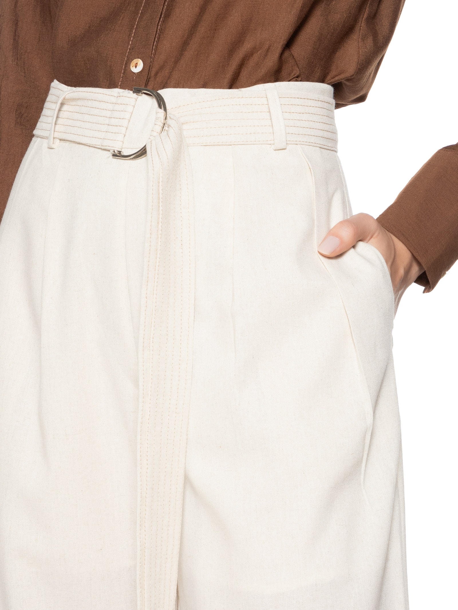 Calça Feminina Pantalona Com Cinto Bege Basiq