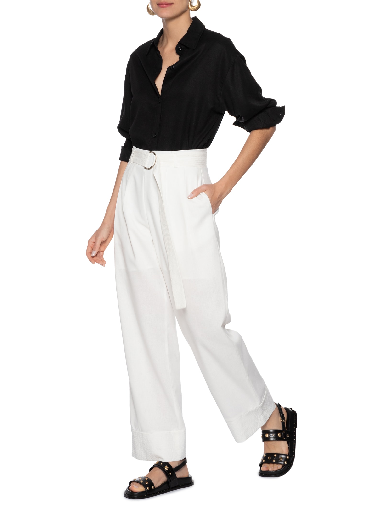 Calça Feminina Pantalona Com Cinto Off White Basiq