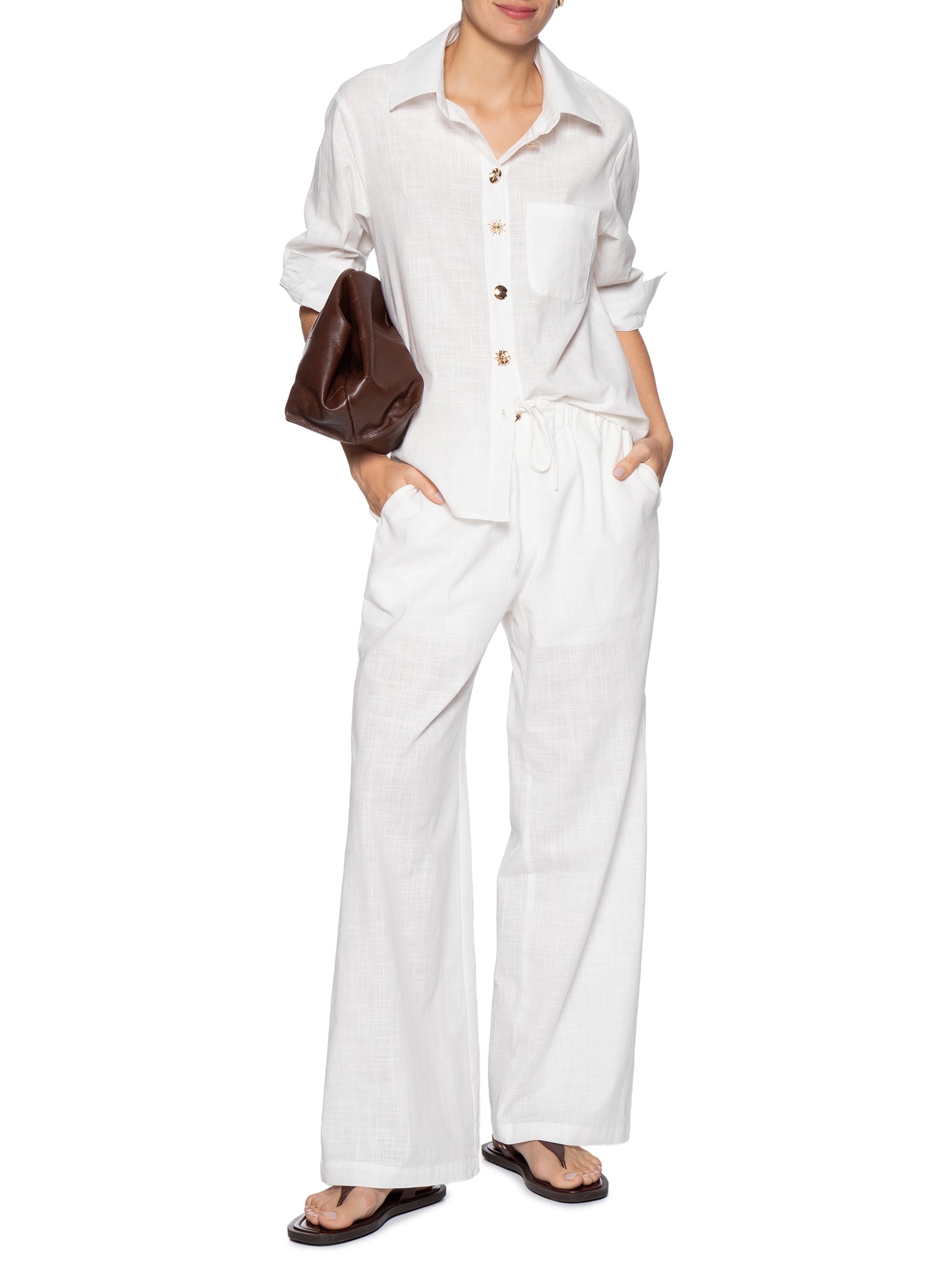 Calça Feminina Pantalona Com Cordão Branco Basiq