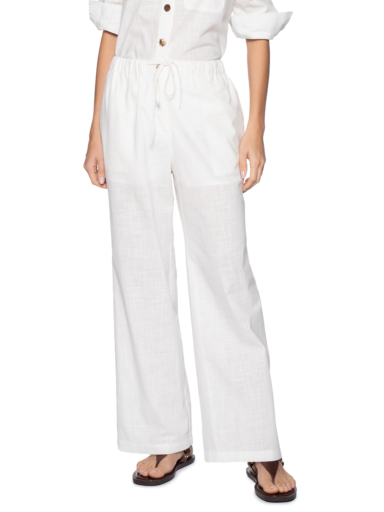 Calça Feminina Pantalona Com Cordão Branco Basiq