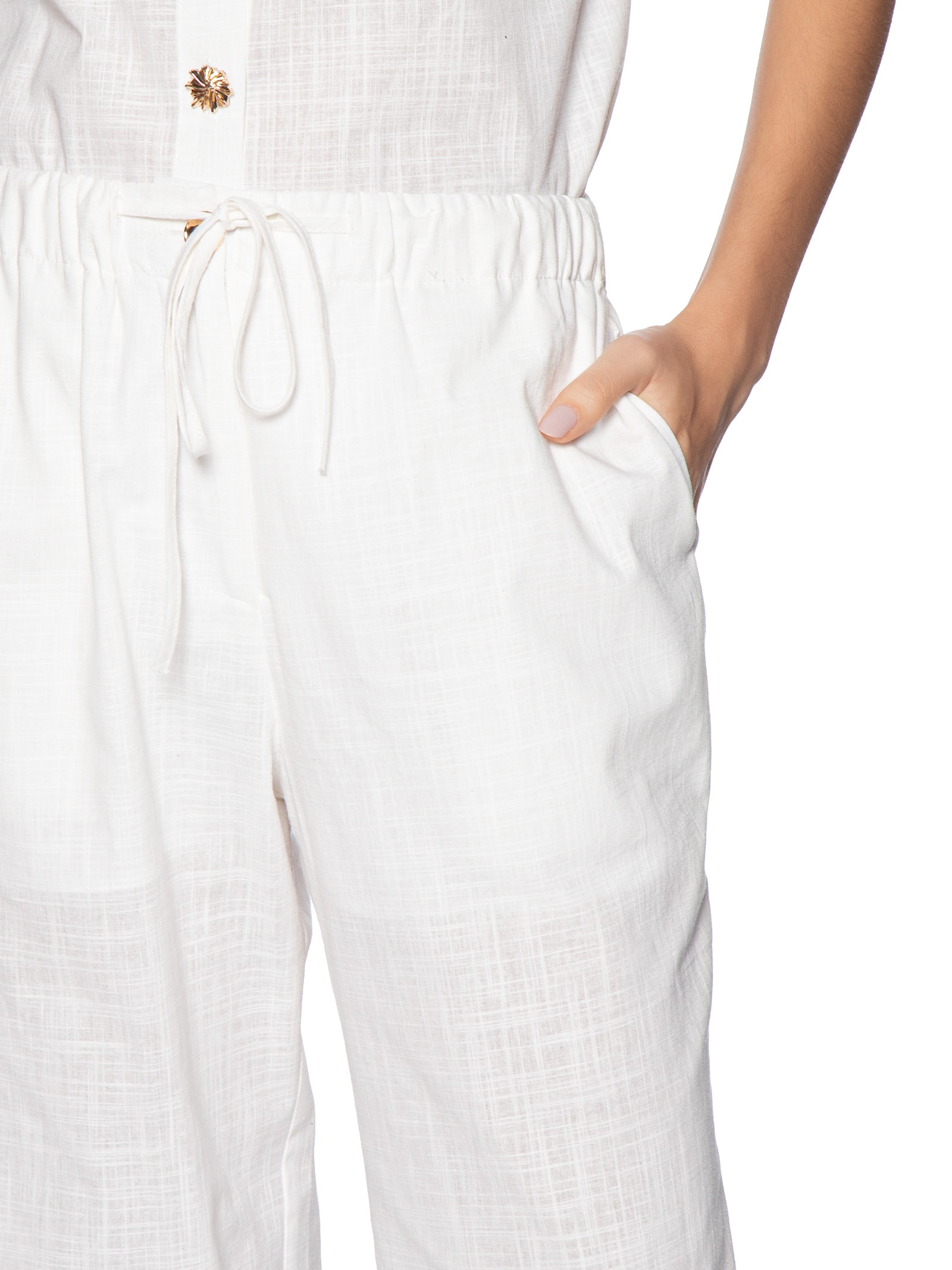 Calça Feminina Pantalona Com Cordão Branco Basiq