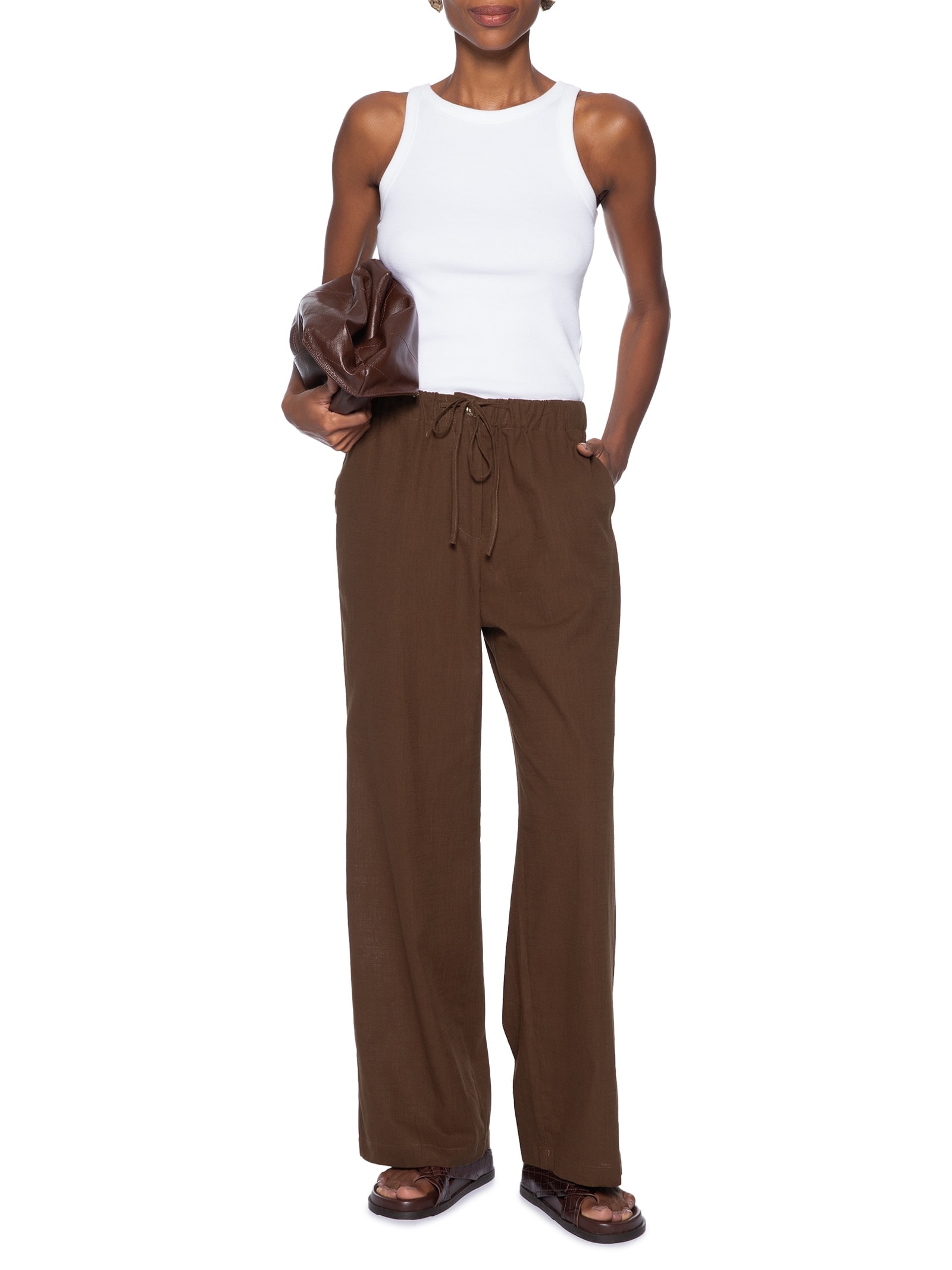 Calça Feminina Pantalona Com Cordão Marrom Basiq