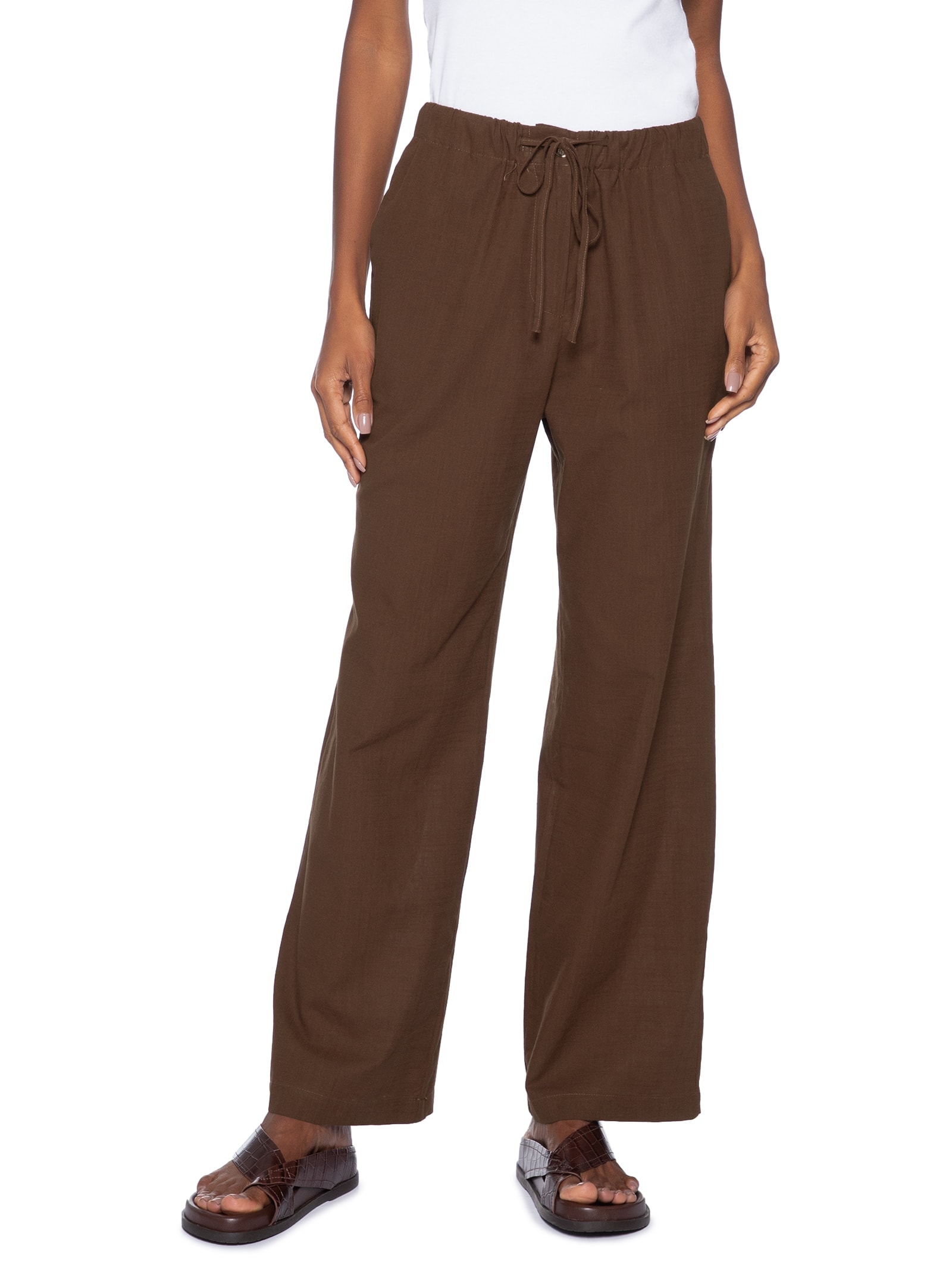Calça Feminina Pantalona Com Cordão Marrom Basiq